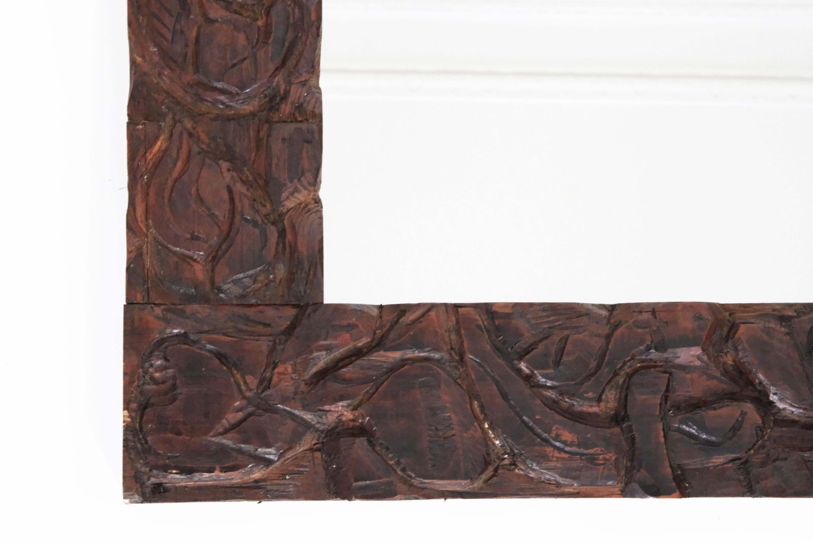 20th Century Large Brown Hand Carved Wooden Mirror With Organic Motif photo 1150.0