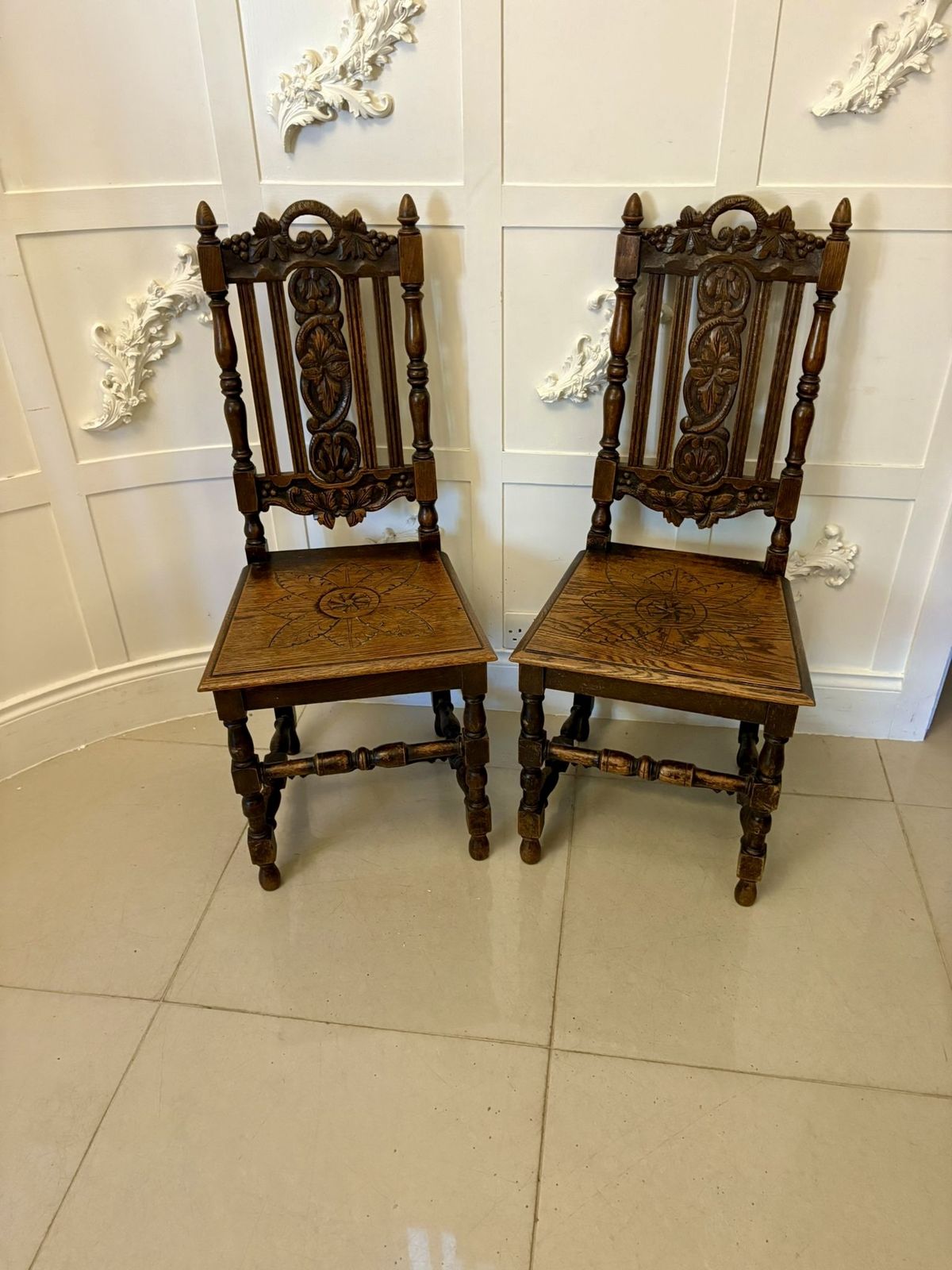 photo for sale Antique 19th Century Pair Of Quality Carved Oak Side Chairs