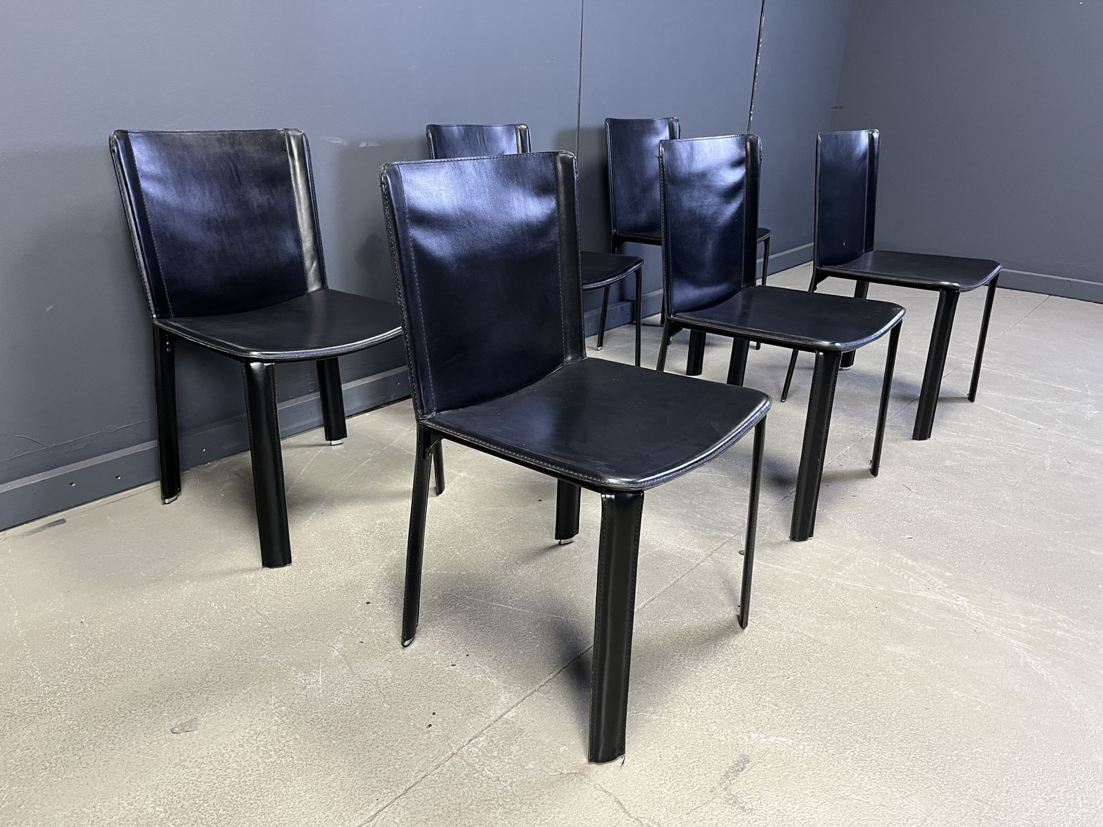 Furniture Vintage Black Leather Dining Chairs By Cidue, Set Of 6   1980s photo