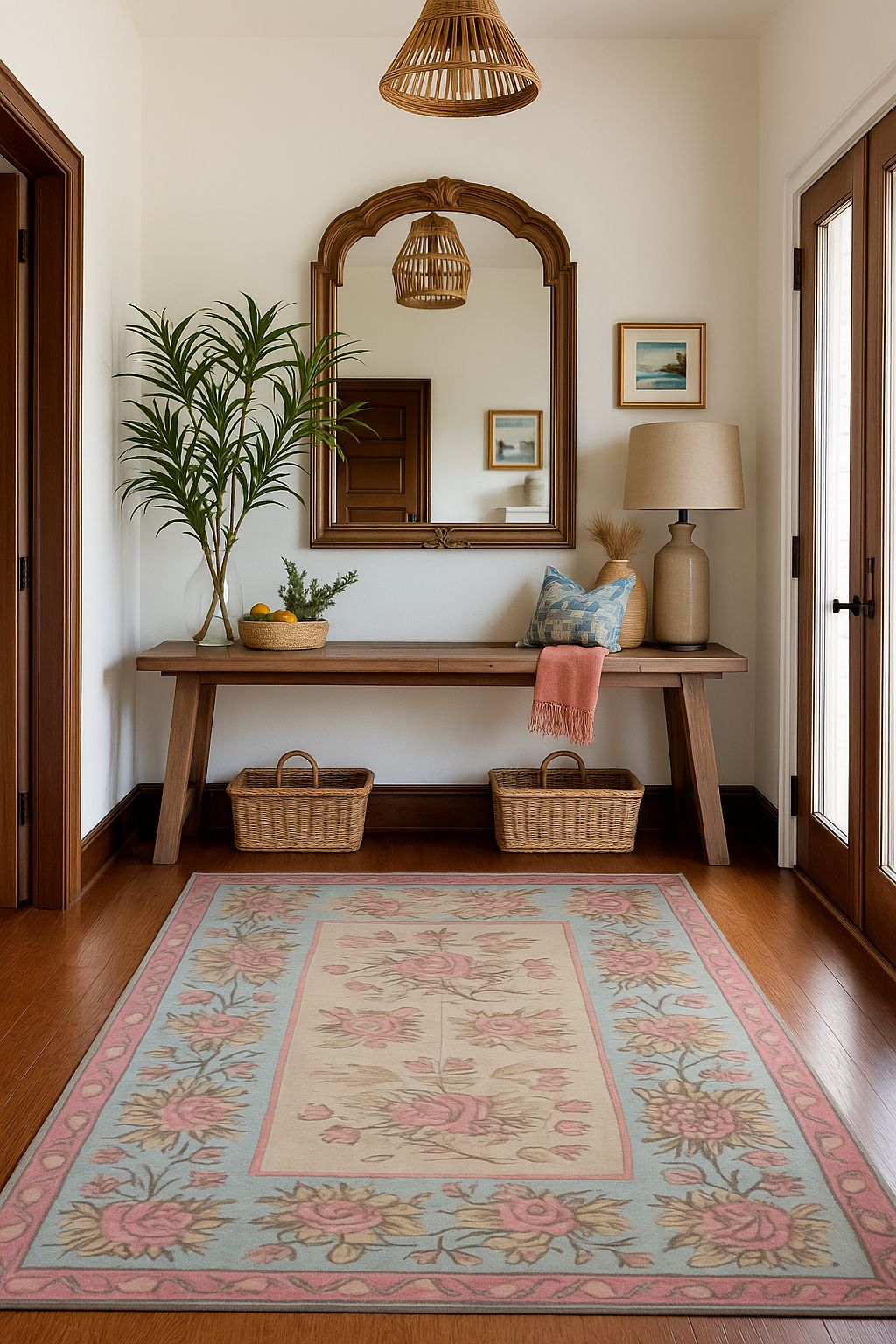 Pink & Blue Bessarabian Kilim Rug 1870s Floral Wool Flatweave Carpet 176x271cm photo furniture