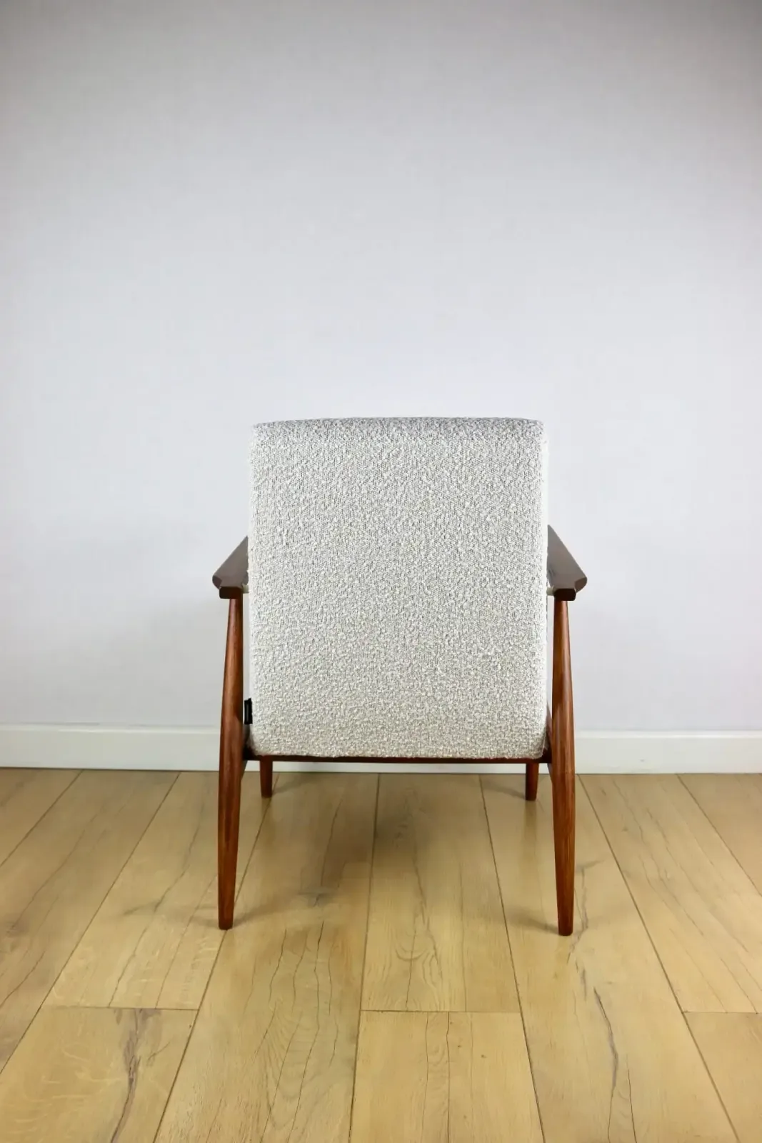Armchair „ Lis”, 1970s White Boucle Design Henryk Lis   Dark Wood   2 Pieces Available photo vinterior