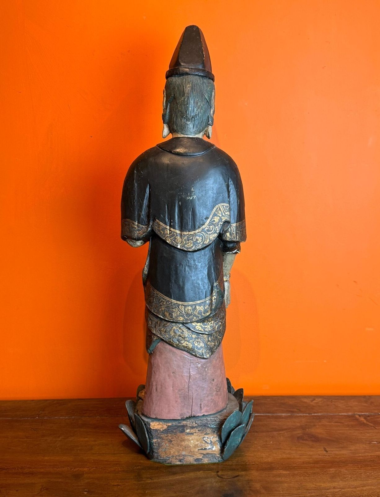 Large 19th Century Chinese Polychrome Painted Carved Wood Figure Of Guanyin photo vintage