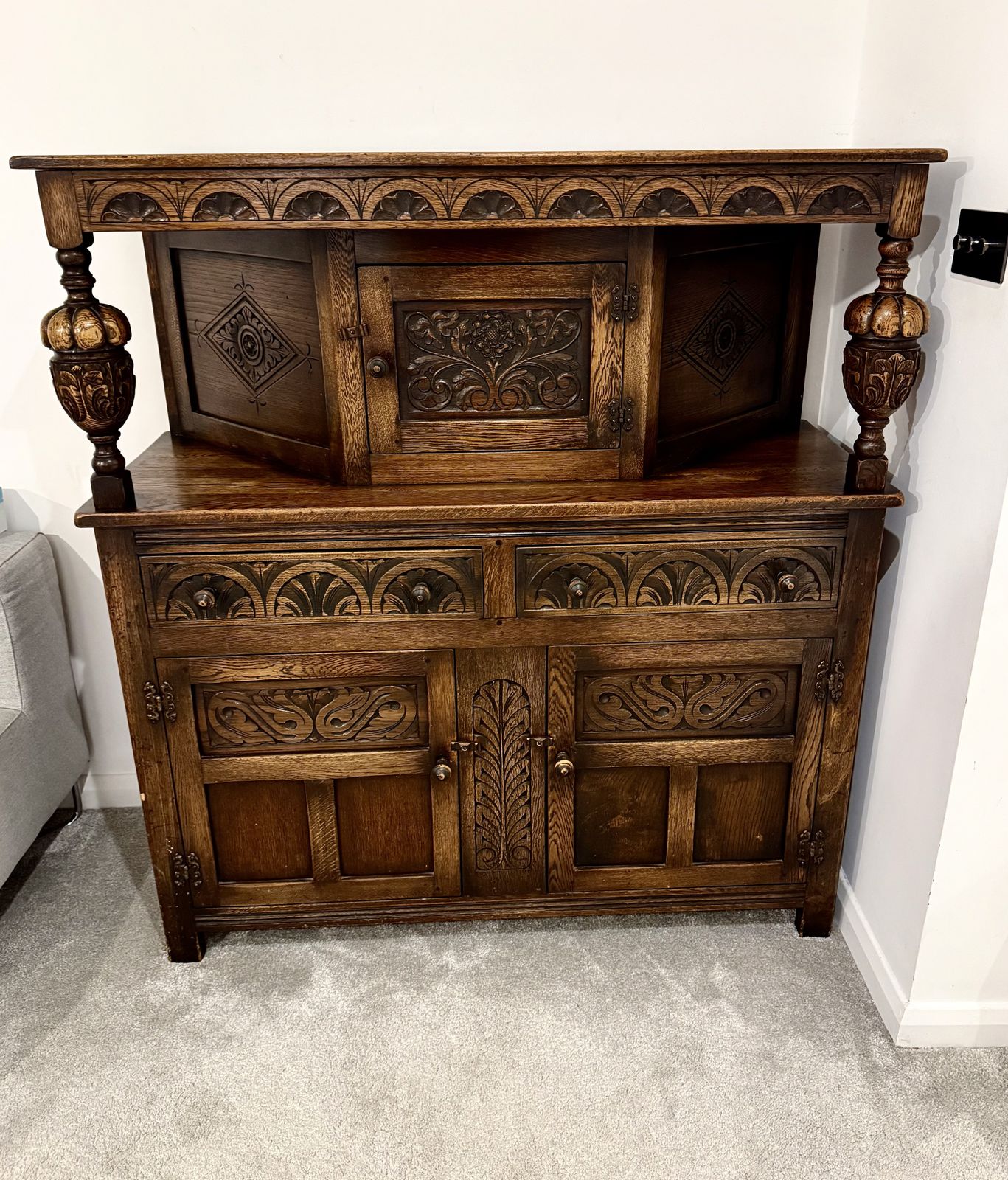 Jacobean 19th Century Oak Hand Carved Gothic Style Court Cabinet