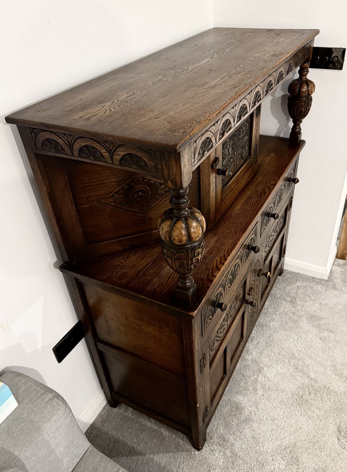 Jacobean 19th Century Oak Hand Carved Gothic Style Court Cabinet photo for sale