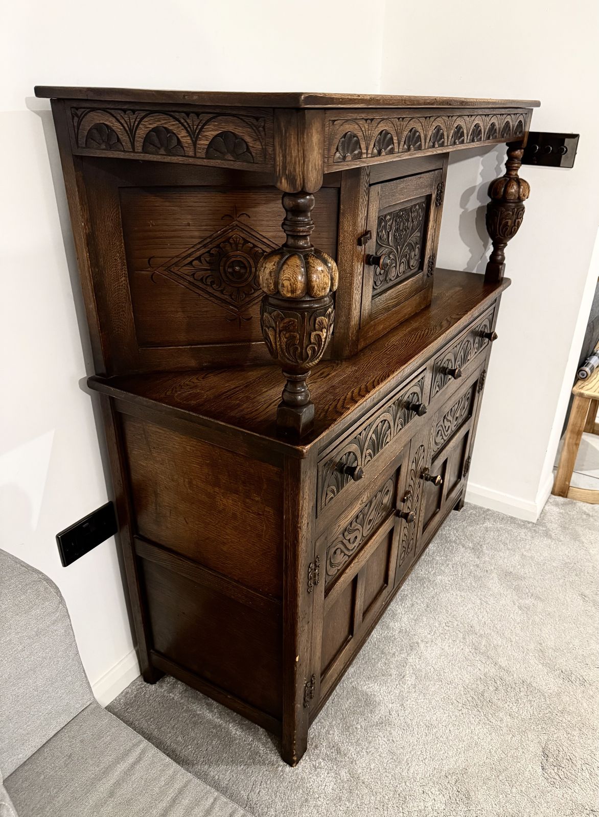 photo for sale Jacobean 19th Century Oak Hand Carved Gothic Style Court Cabinet