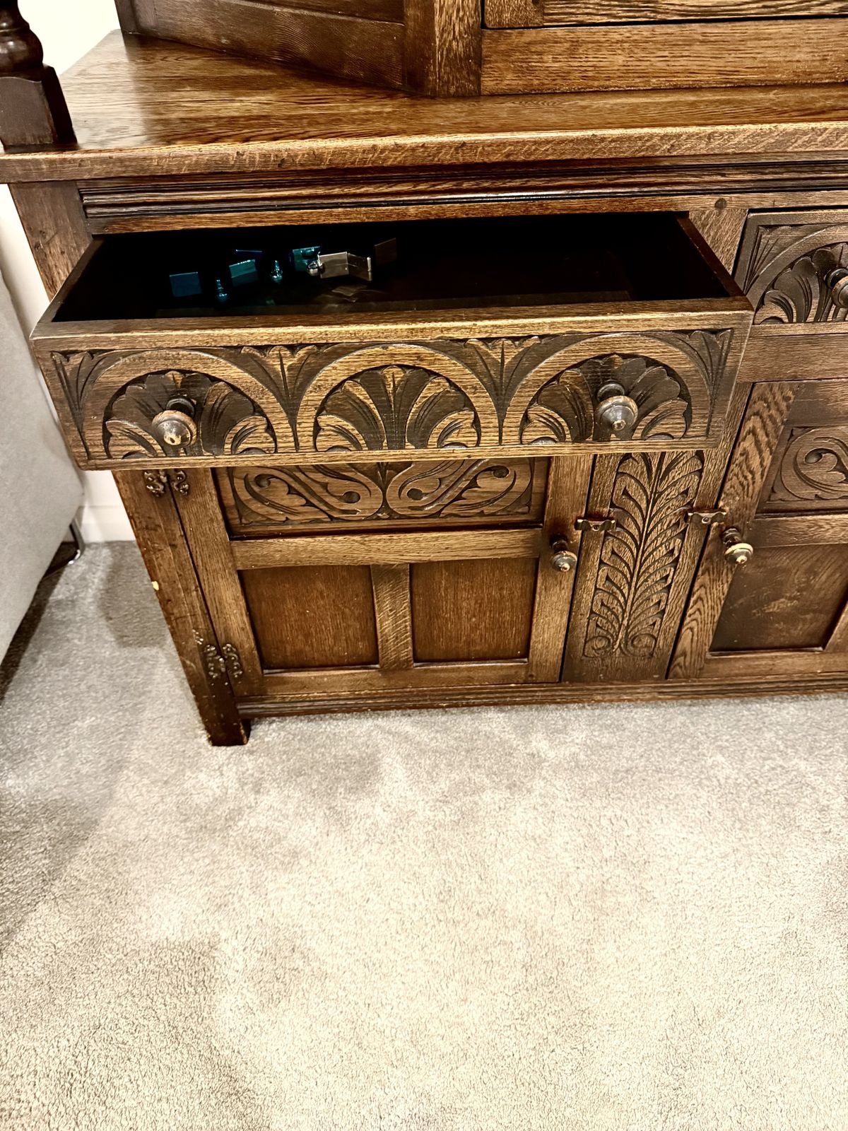 Furniture Jacobean 19th Century Oak Hand Carved Gothic Style Court Cabinet photo
