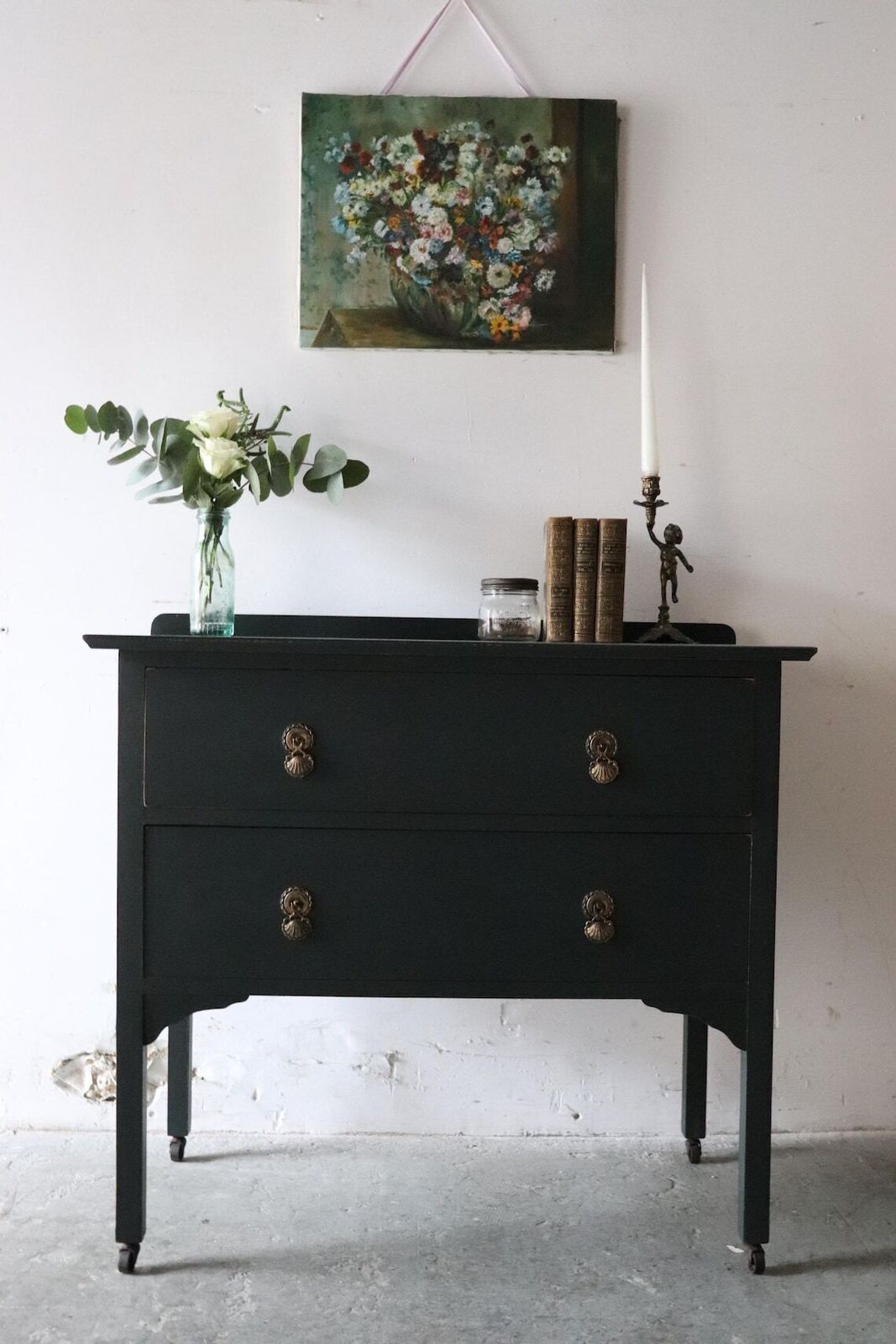 Dark Green Painted Vintage Two Drawer Washstand Or Chest Of Drawers On Castors