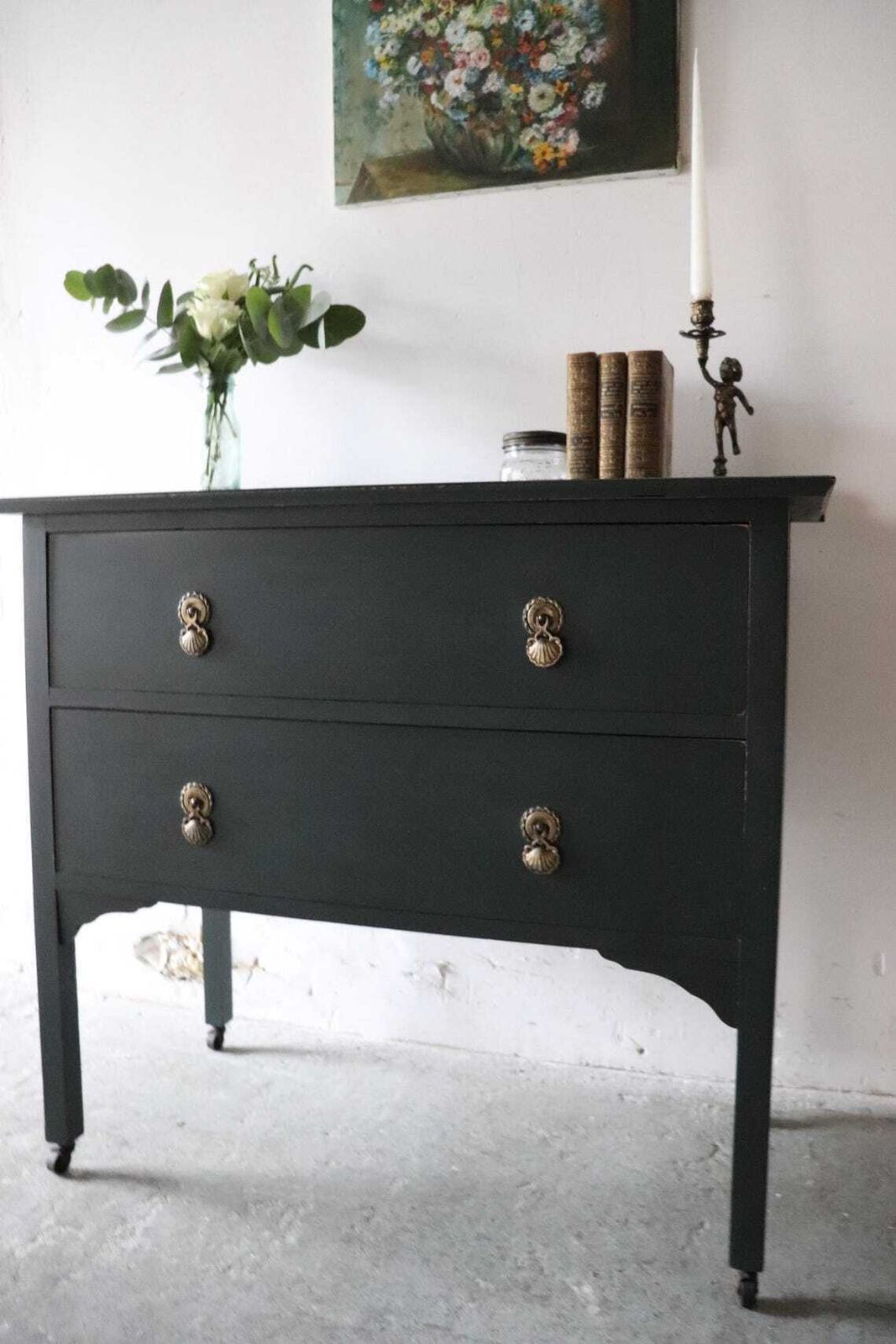 Dark Green Painted Vintage Two Drawer Washstand Or Chest Of Drawers On Castors photo for sale