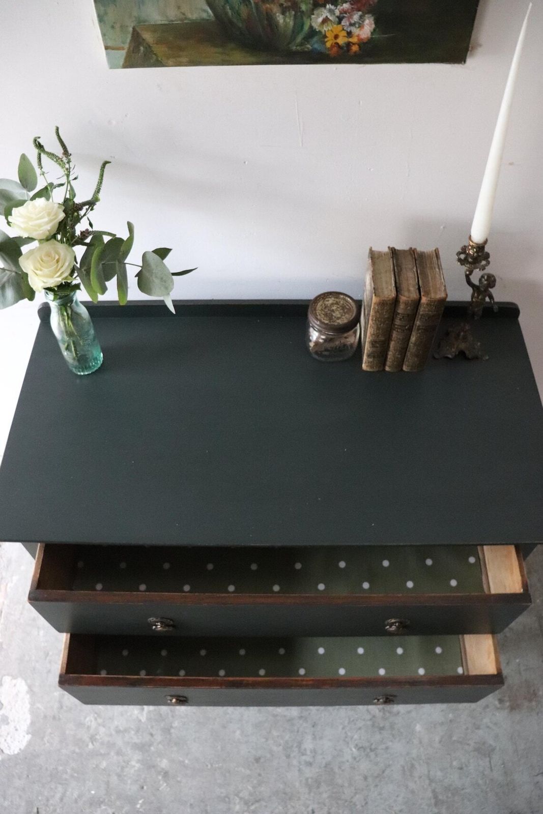 Dark Green Painted Vintage Two Drawer Washstand Or Chest Of Drawers On Castors photo vinterior