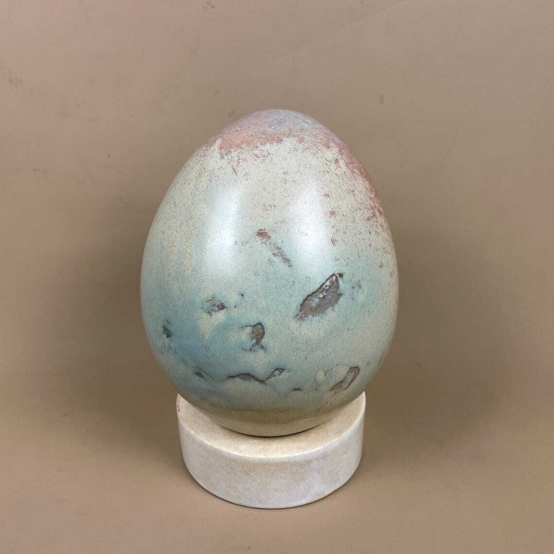 Large Ceramic Egg Sculpture Blue Pink Raku Style Glazed Art Ornament With Stand Modern Studio Pottery Decor Pastel Home Accent Contemporary