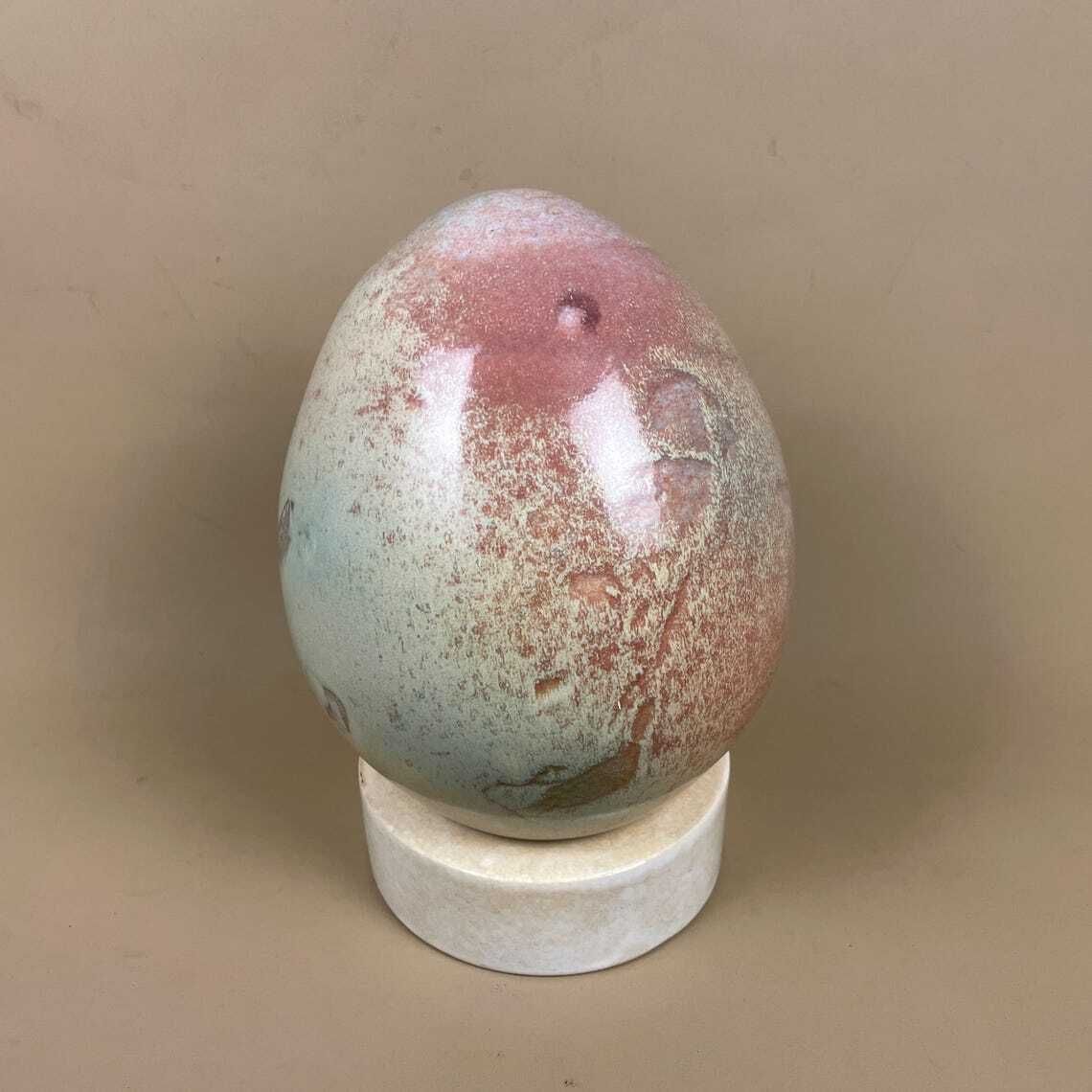 Large Ceramic Egg Sculpture Blue Pink Raku Style Glazed Art Ornament With Stand Modern Studio Pottery Decor Pastel Home Accent Contemporary photo furniture