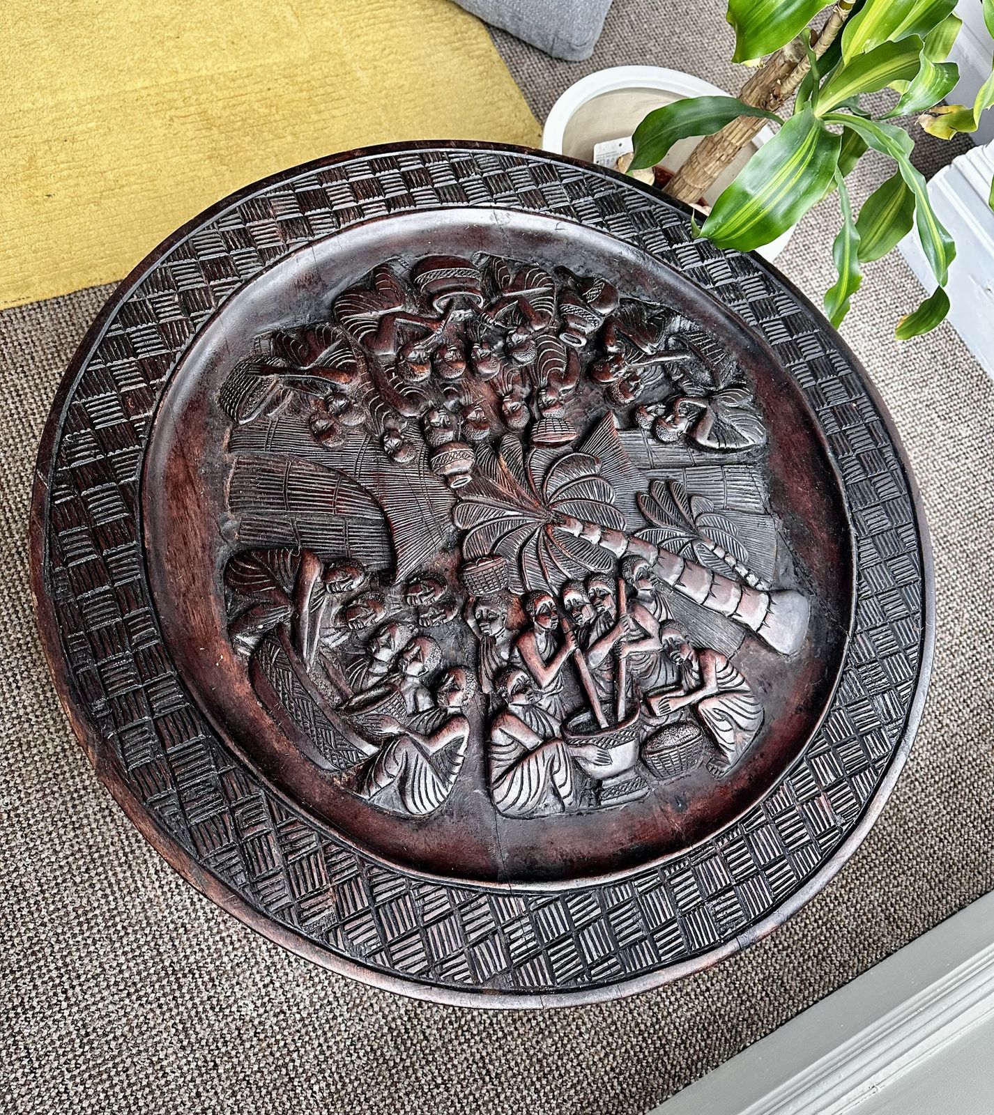 Hand Carved African Village Scene Ebony Coffee Table With Carved Elephant Legs And Glass Top