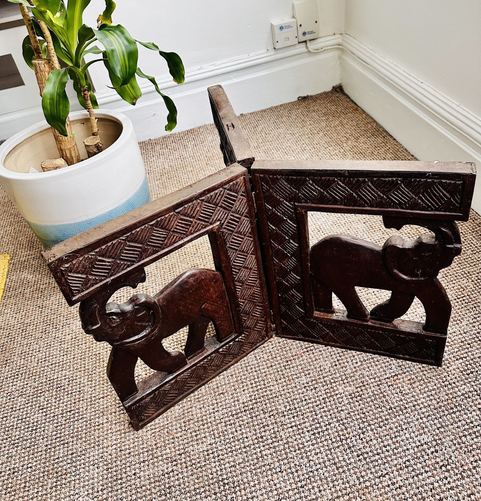 Hand Carved African Village Scene Ebony Coffee Table With Carved Elephant Legs And Glass Top photo furniture