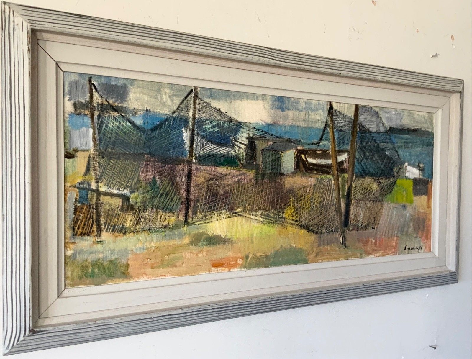 Vintage Oil Painting Fishing Village Scene 1958 photo furniture