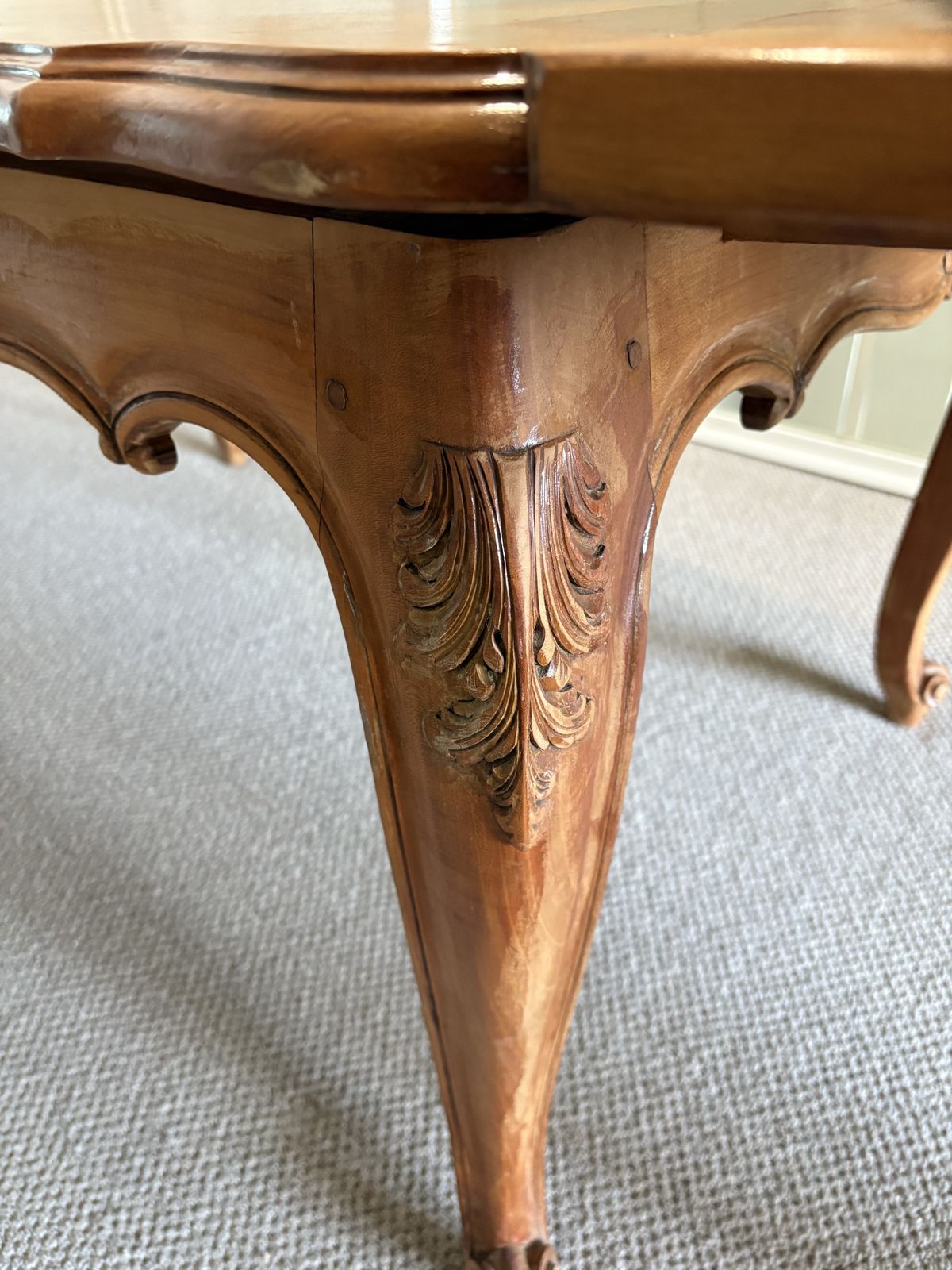 French Walnut Table; Parquetry; 2 Extending Leaves: Cabriole Legs, Seats 10 photo 1095.0