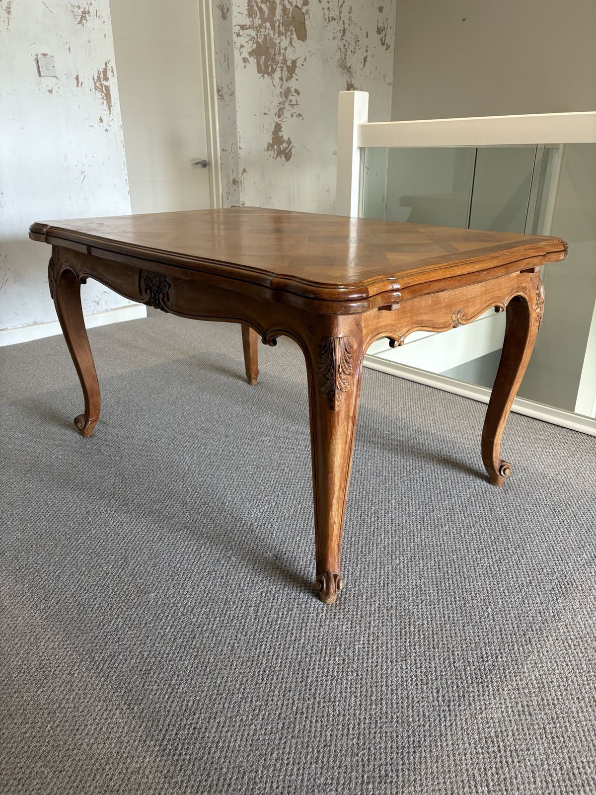 French Walnut Table; Parquetry; 2 Extending Leaves: Cabriole Legs, Seats 10 photo vinterior