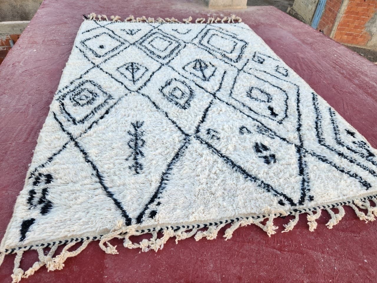 Large Black & White Beni Ourain Rug, Hand Drawn Tribal Diamond Pattern (300x200cm) photo furniture