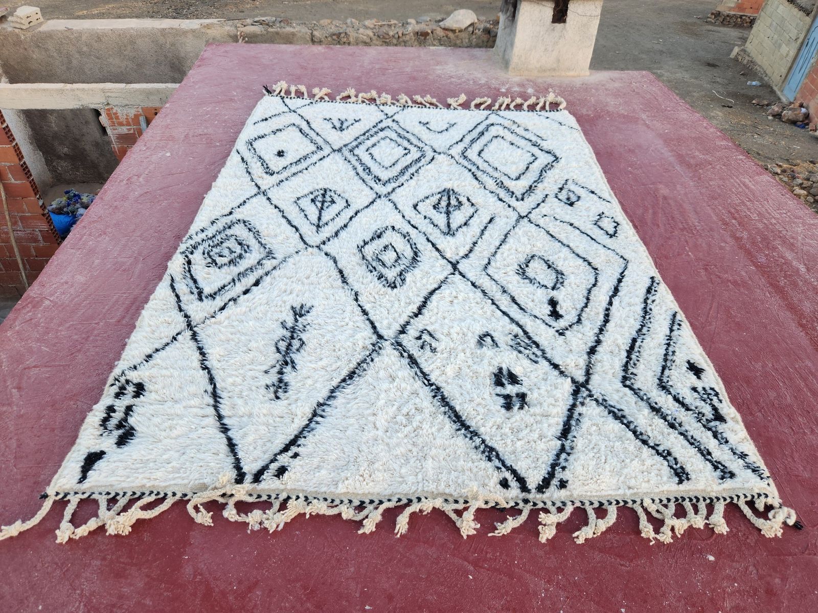 Large Black & White Beni Ourain Rug, Hand Drawn Tribal Diamond Pattern (300x200cm) photo for sale