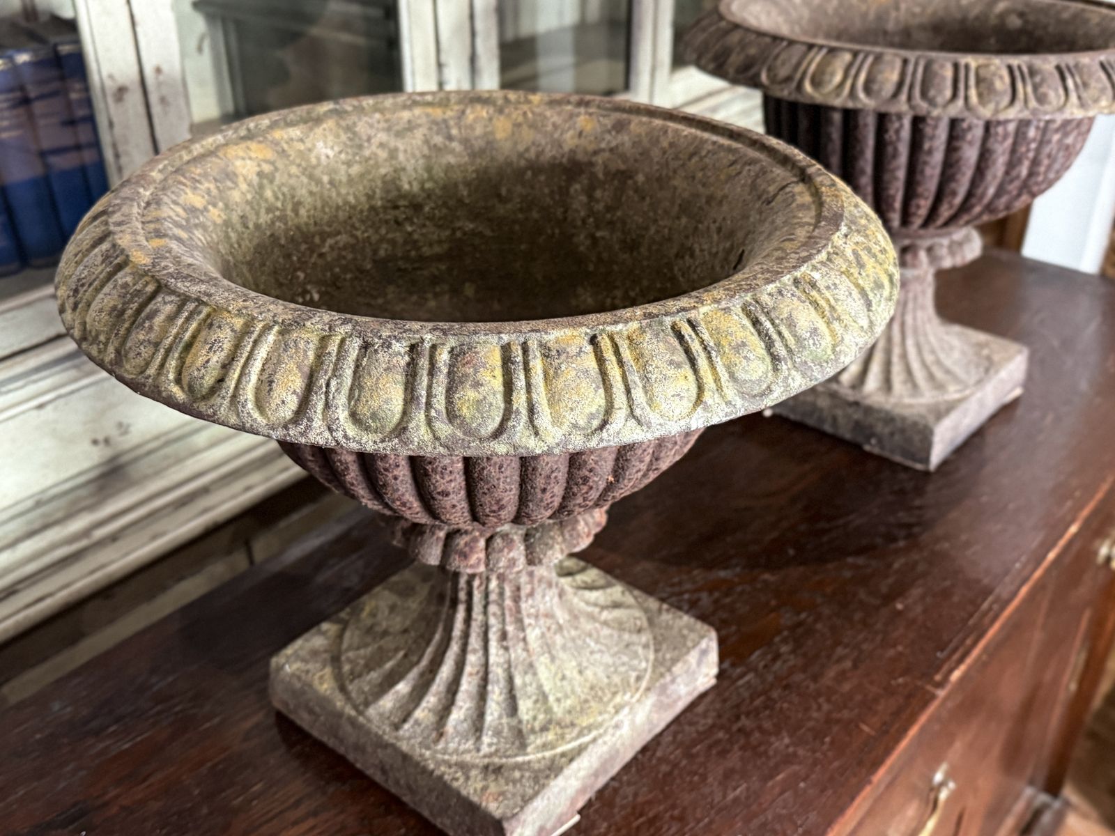 Pair Of Antique French Cast Iron Urns / Planters photo Garden Decor