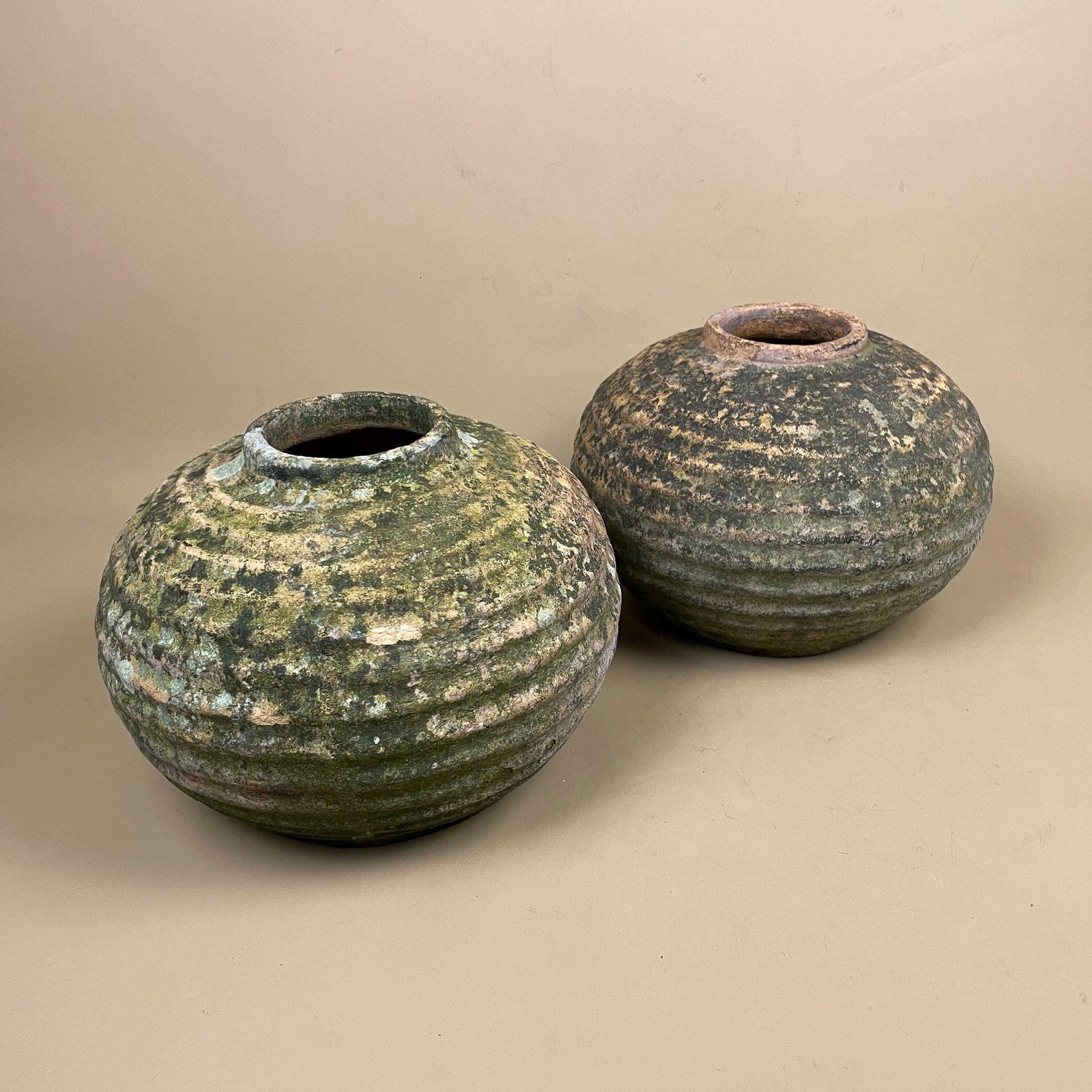 Pair Rustic Clay Pots Weathered Earthenware Vessels Wabi Sabi Primitive Decor Natural Handmade Pottery Home Accent Textured Indoor Outdoor photo buy