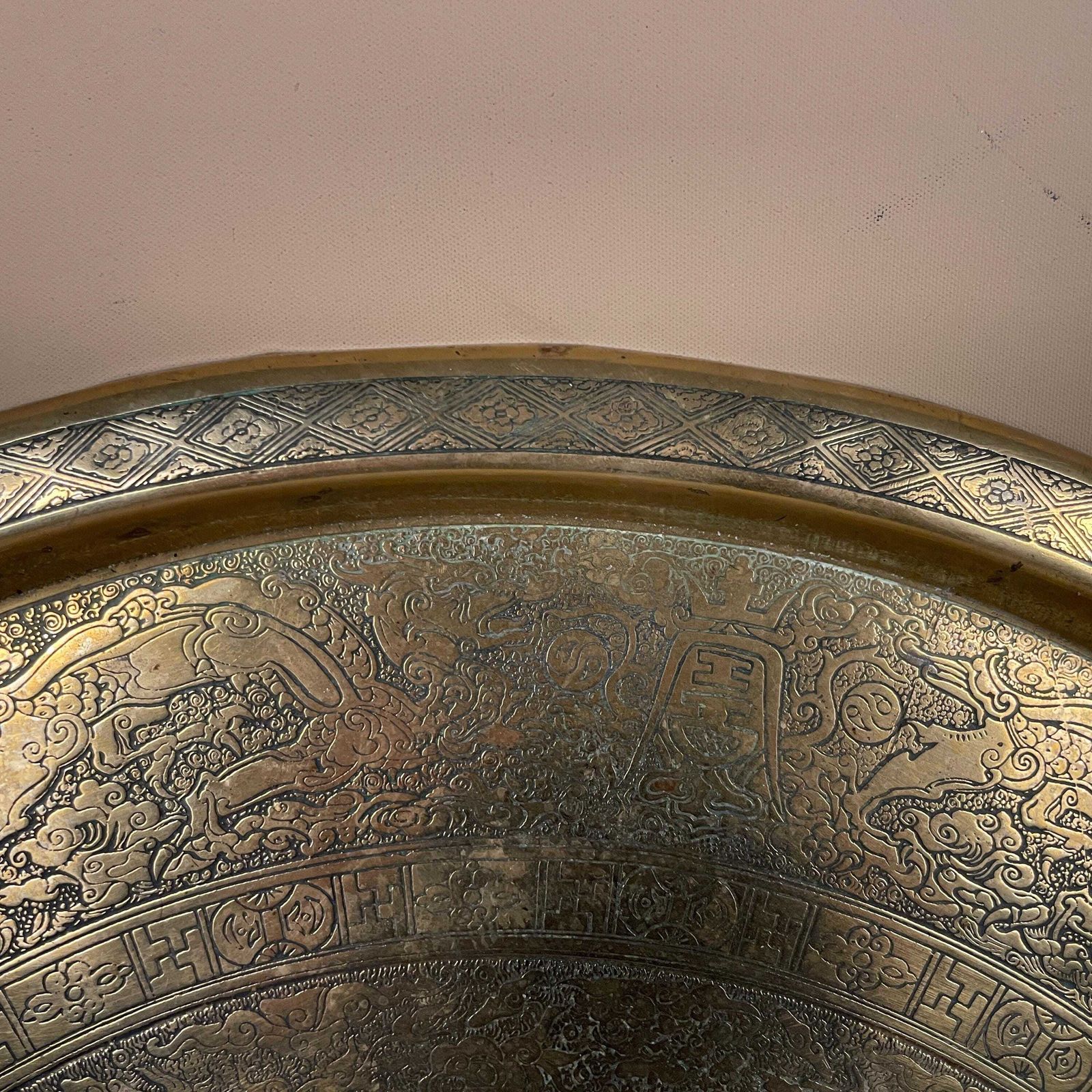 89.0 Antique Metal Gold Indian Patterned Brass Tray 47cm Plate Asian Handmade Etched Intricate Decorative Pattern Wall Art Round Vintage Circular photo