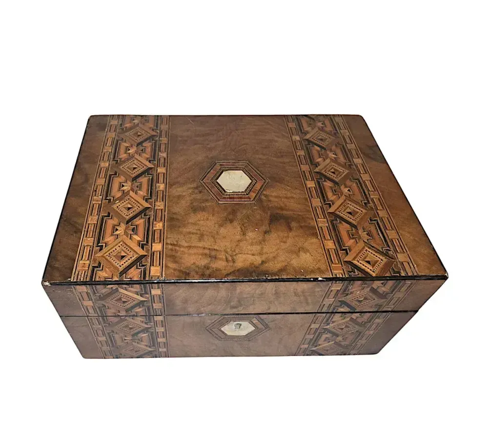 A Lovely 19th Century Inlaid Walnut Jewellery Or Sewing Box photo Home Decor