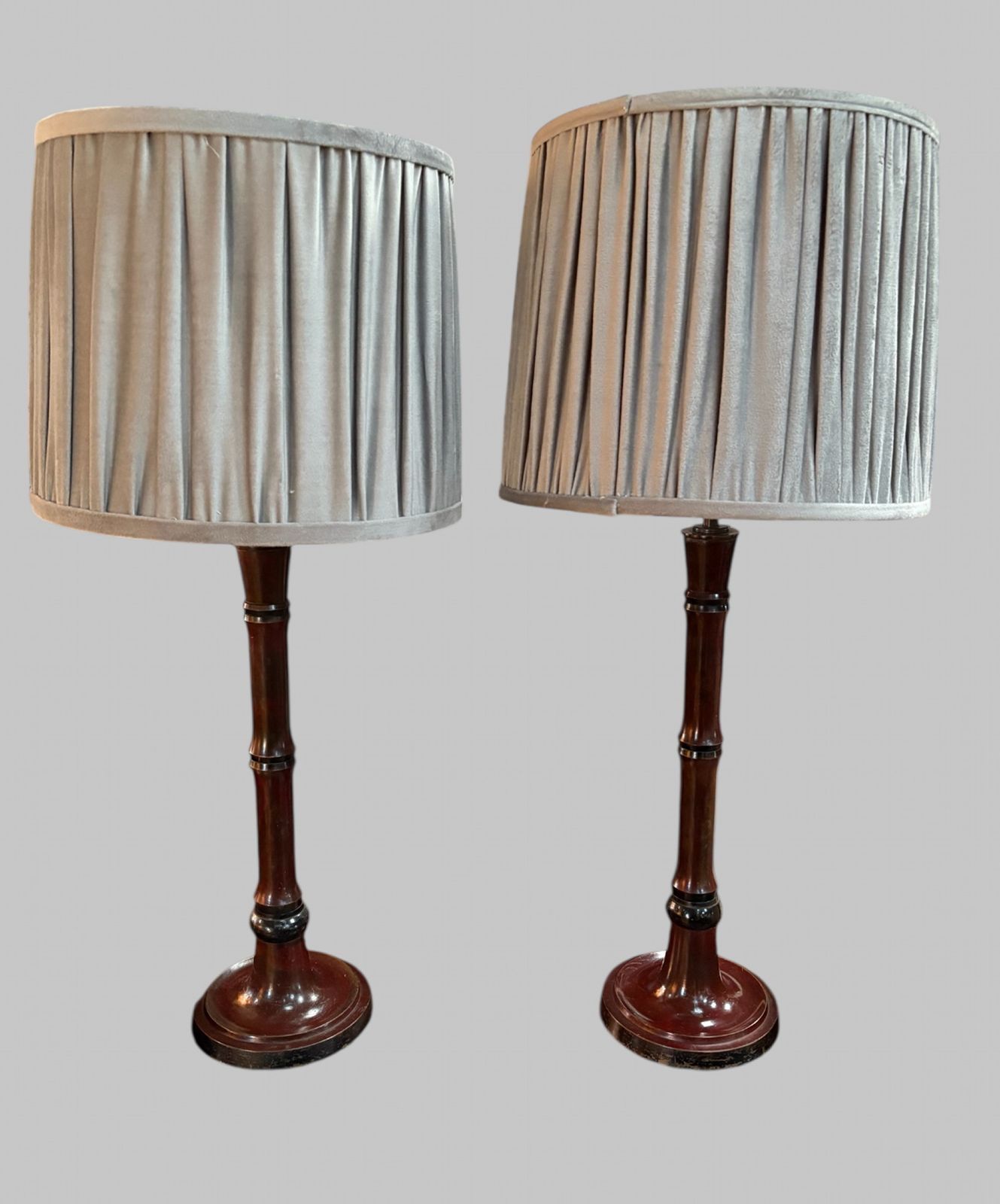 Pair Of Burgundy Oka Table Lamps With Pleated Drum Shades