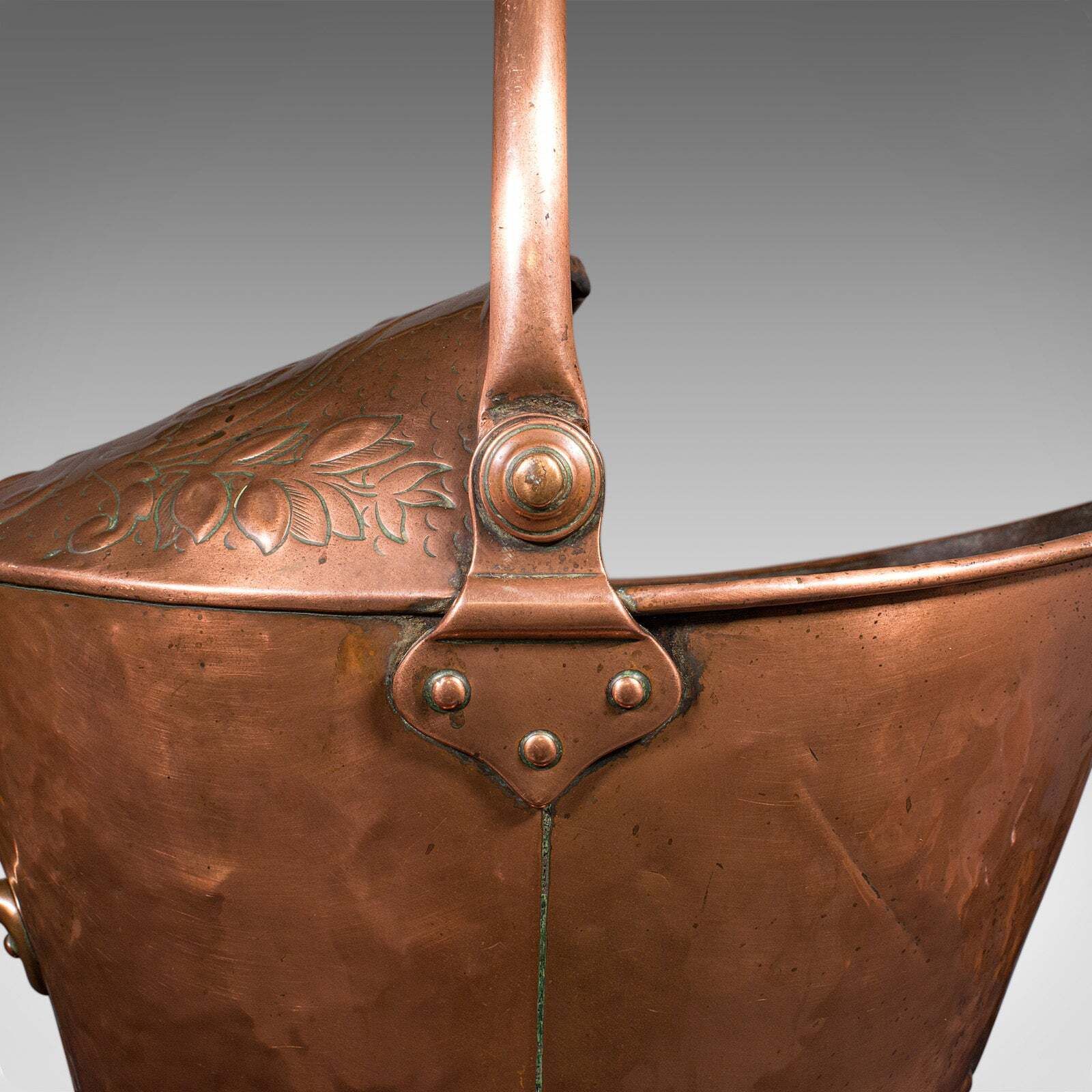 Home Fixtures Antique Fireplace Coal Scuttle, English Copper, Basket, Art Nouveau, Victorian photo