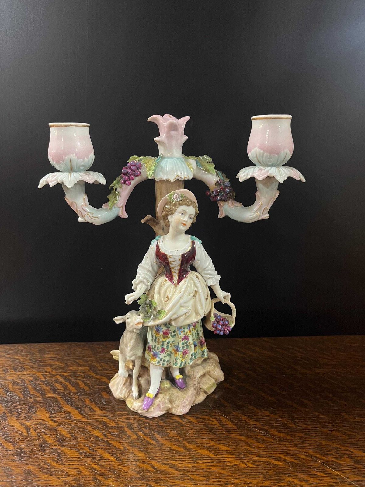 Antique German 19th C Sitzendorf 2 Branch Porcelain Candelabras photo furniture