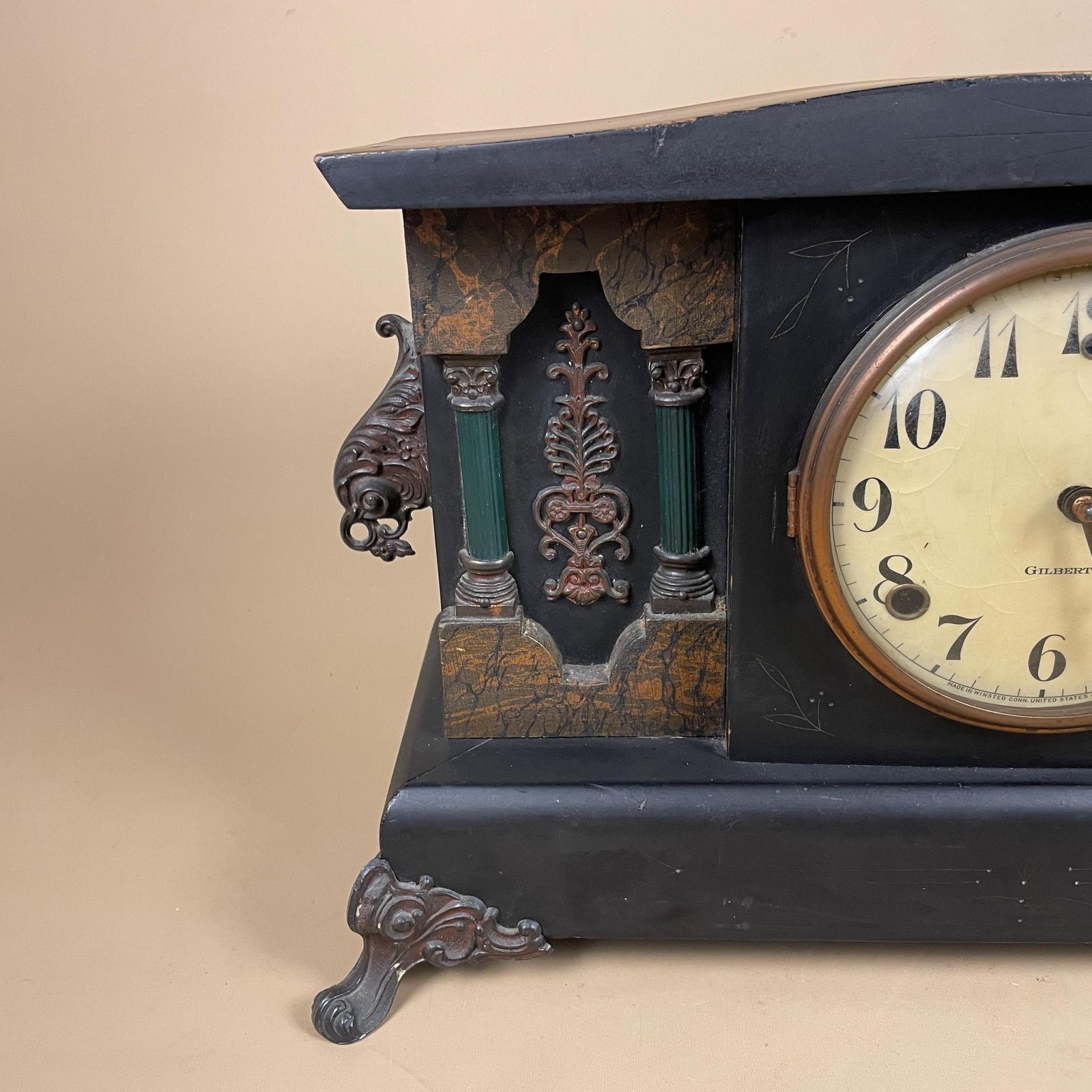 Antique Gilbert Mantel Clock USA Black Adamantine Case Ornate Feet Key Wind Vintage American Decorative Mantle Timepiece Victorian Style photo for sale