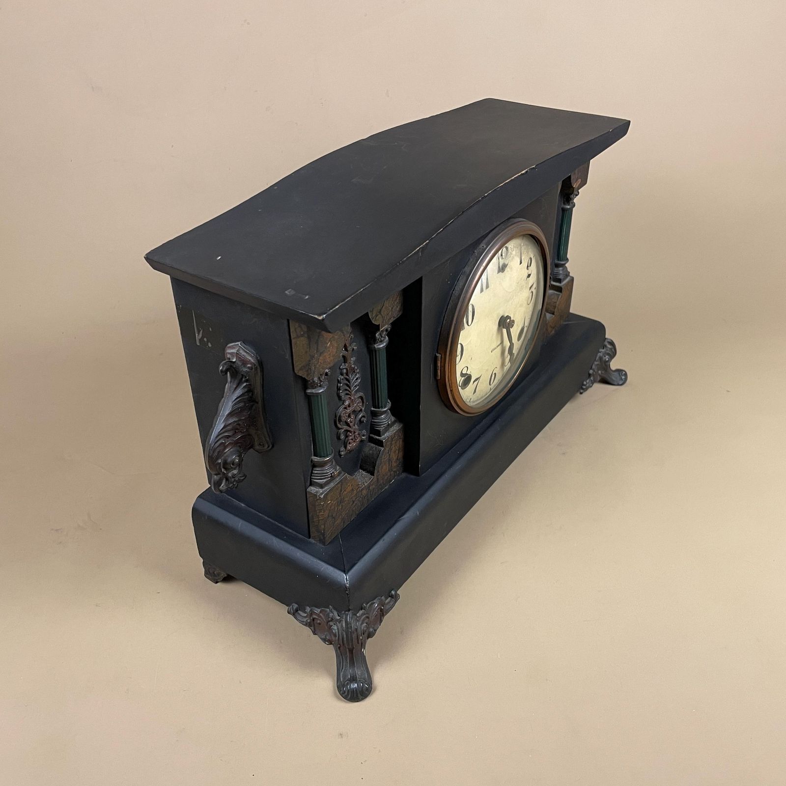 Antique Gilbert Mantel Clock USA Black Adamantine Case Ornate Feet Key Wind Vintage American Decorative Mantle Timepiece Victorian Style photo buy