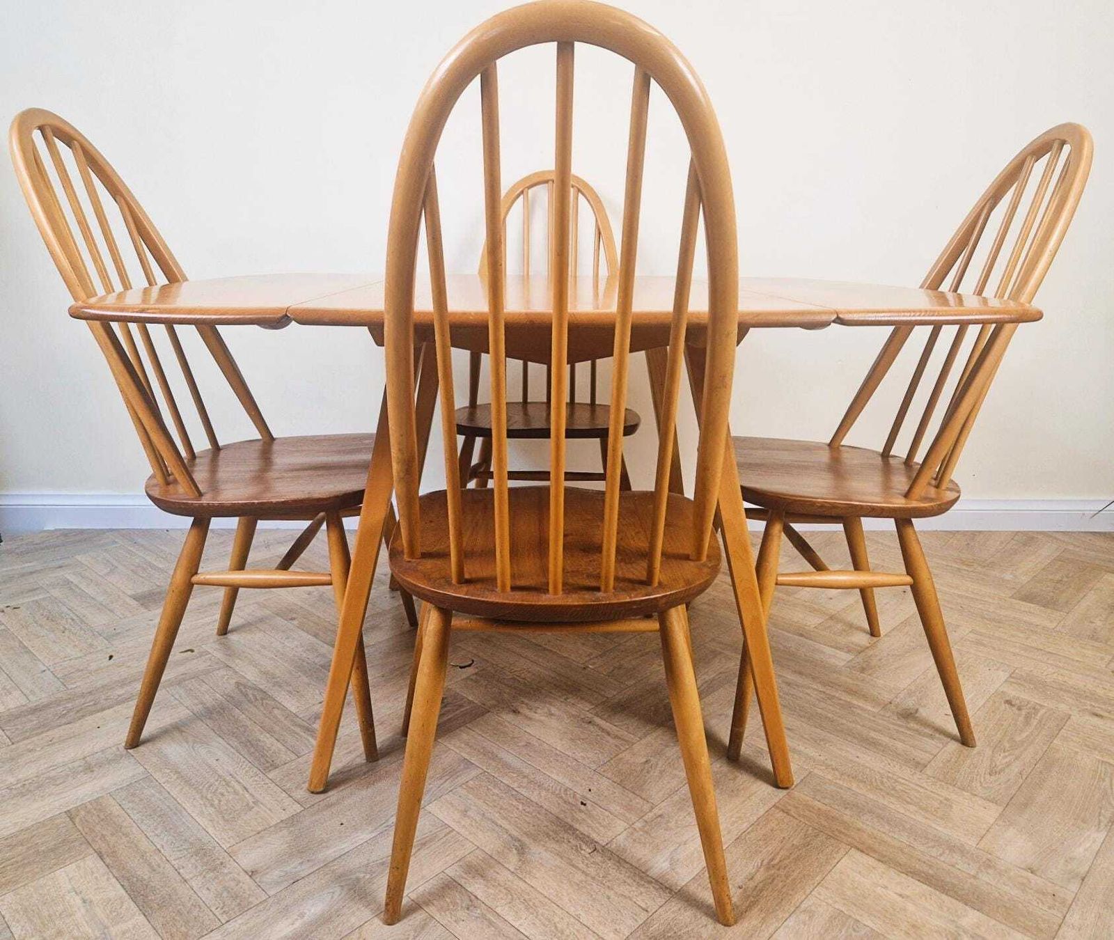 Ercol Windsor Mid Century Solid Elm Danish Design Drop Leaf Table & Chair Set photo furniture