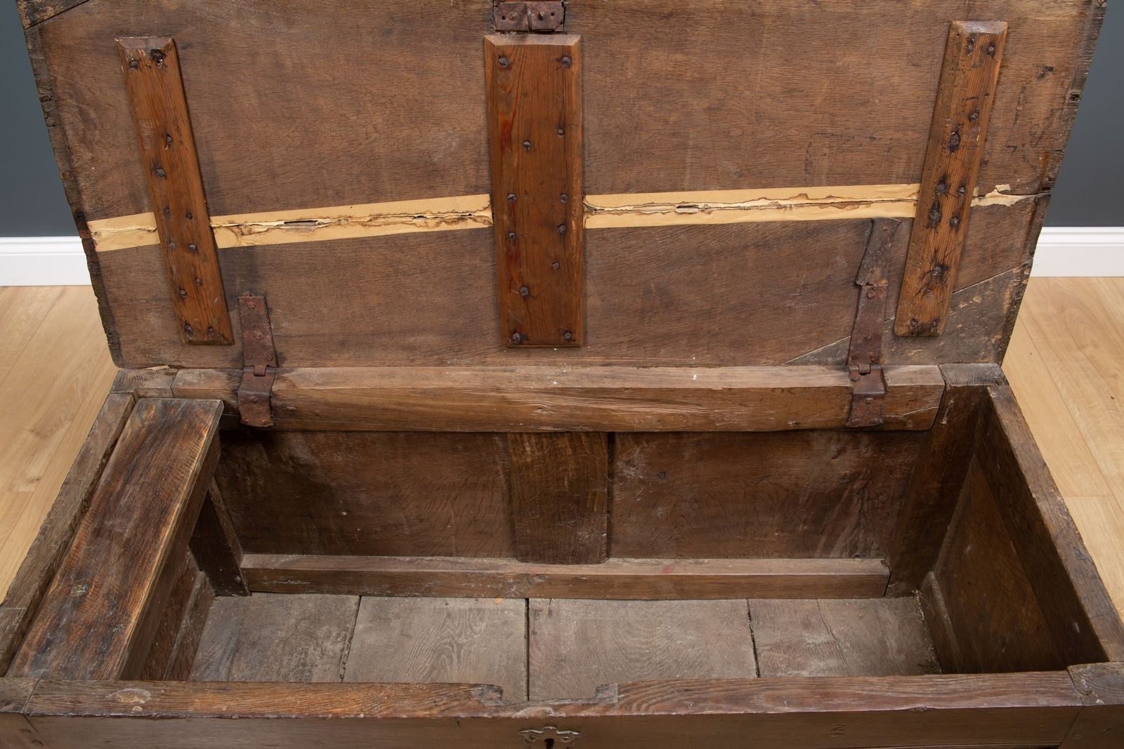An 18th Century Oak Chest With Two Panelled Front And Fitted With A Candle Box Within photo Furniture