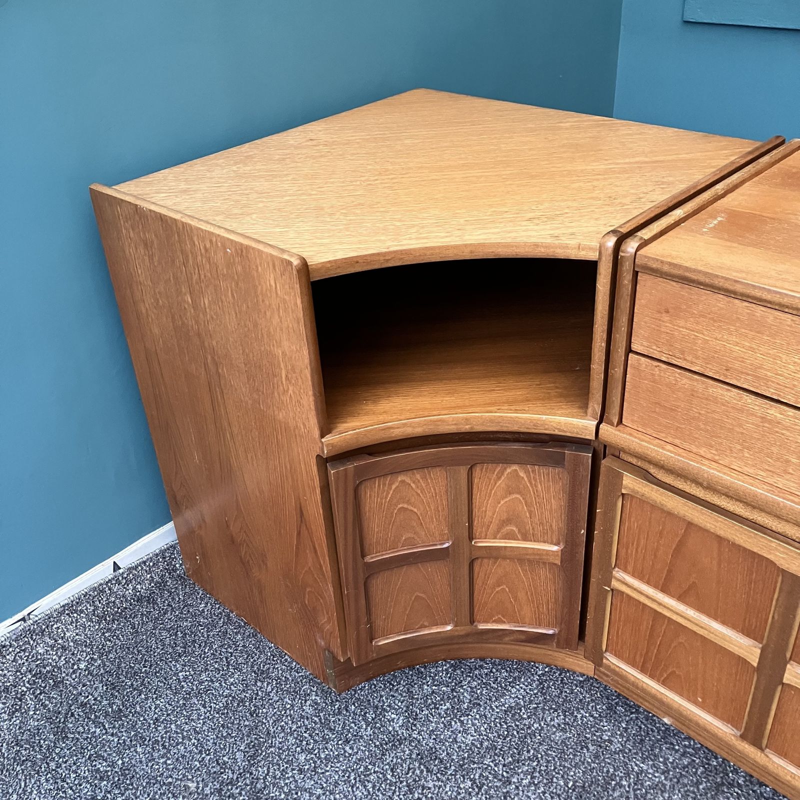 A Mid Century Teak Nathan Squares Corner Cabinet Made In The 1970s By Parker Knoll photo for sale