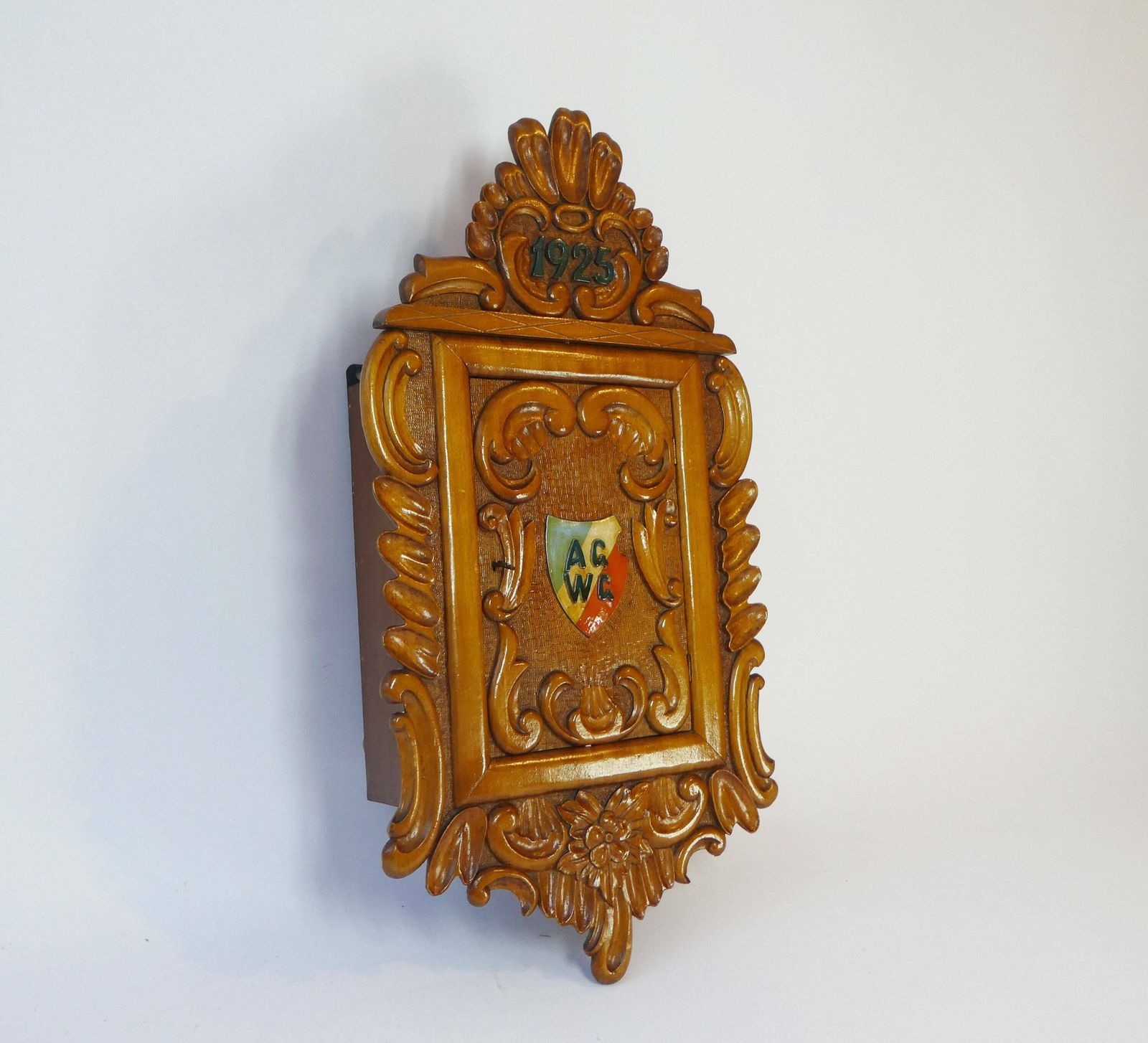Antique 1925 German Floral Hand Carved Wooden Wall Cabinet, Small Wall Medicine Cabinet, Old Apothecary With Lock And Key photo Furniture