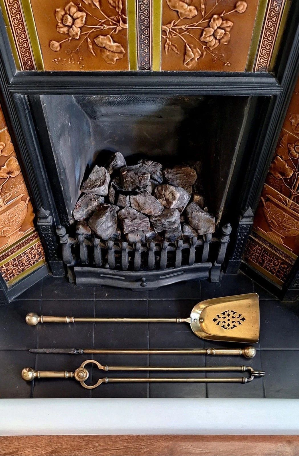Edwardian 3 X Brass Fire Irons, Fire Tools, Companion Set, Pierce Design