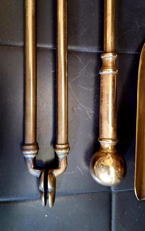 Edwardian 3 X Brass Fire Irons, Fire Tools, Companion Set, Pierce Design photo Home Fixtures