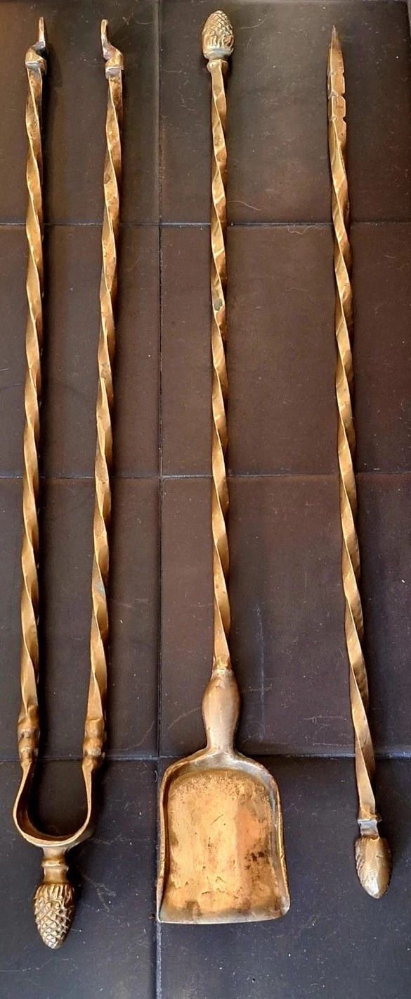Edwardian Set Of 3 Brass Fire Irons, Fire Tools, Companion Set, Patina