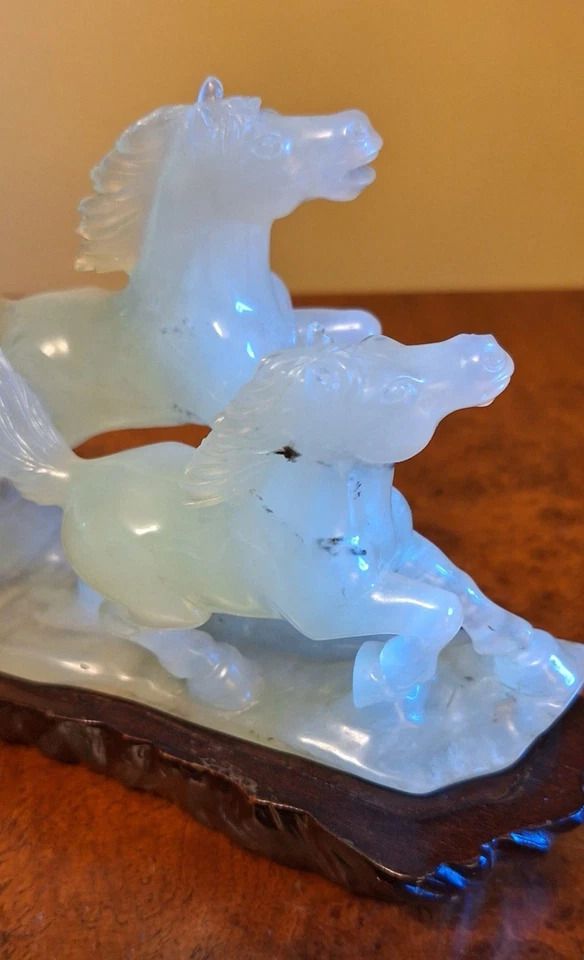 Antique Chinese Hand Carved Pale Green Genuine Jade Galloping Horses & Stand photo Art