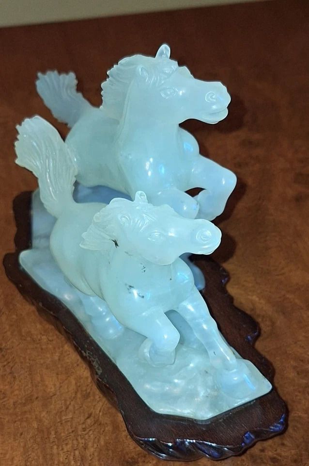 Antique Chinese Hand Carved Pale Green Genuine Jade Galloping Horses & Stand photo vintage