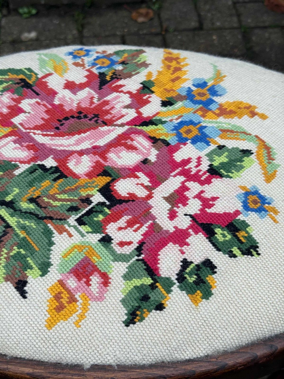 photo furniture Vintage Circa 1950s Queen Anne Tapestry Footstool With Floral Needlepoint And Dark Oak Frame