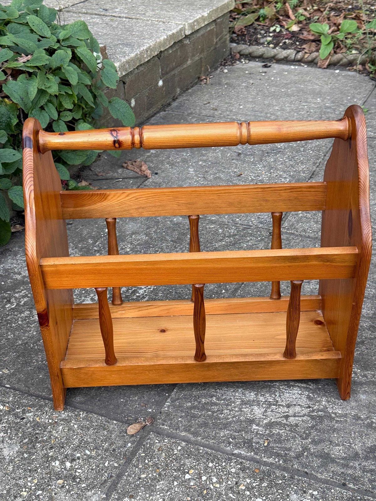 Vintage 1970s Pine Magazine Rack – Rustic Country Wooden Storage Caddy, Pine Storage Basket photo for sale