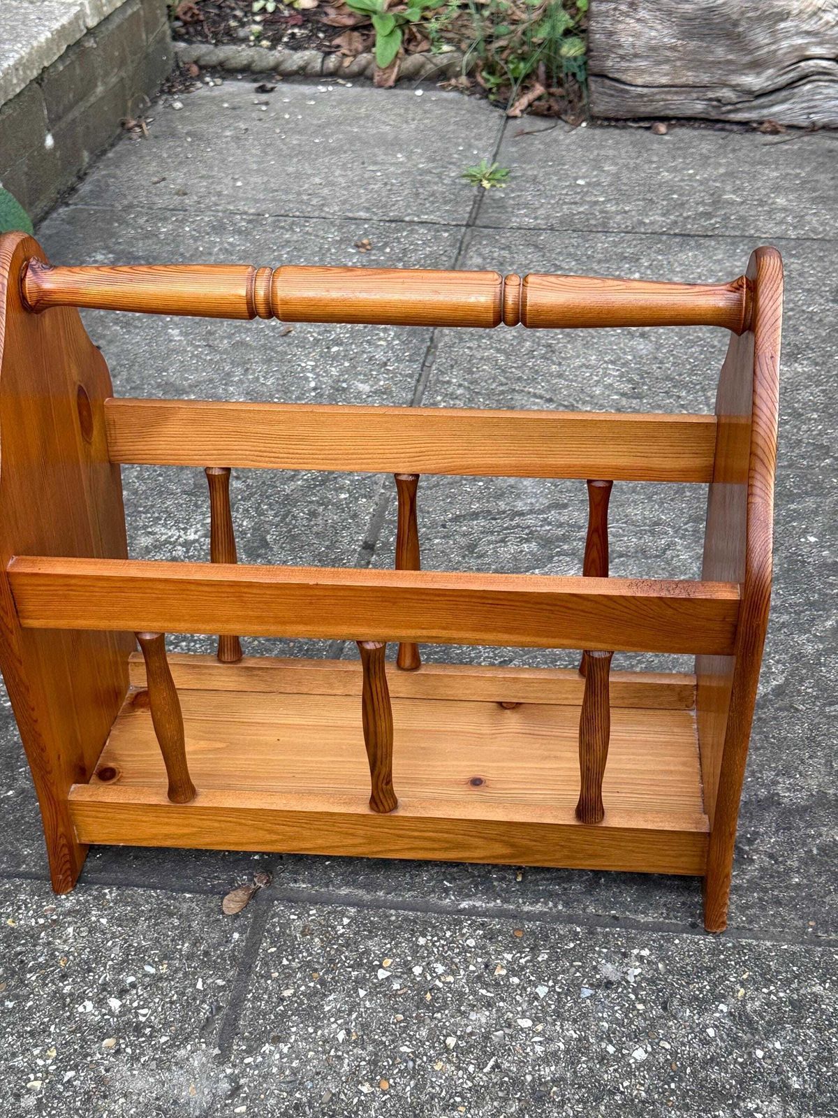 photo buy Vintage 1970s Pine Magazine Rack – Rustic Country Wooden Storage Caddy, Pine Storage Basket