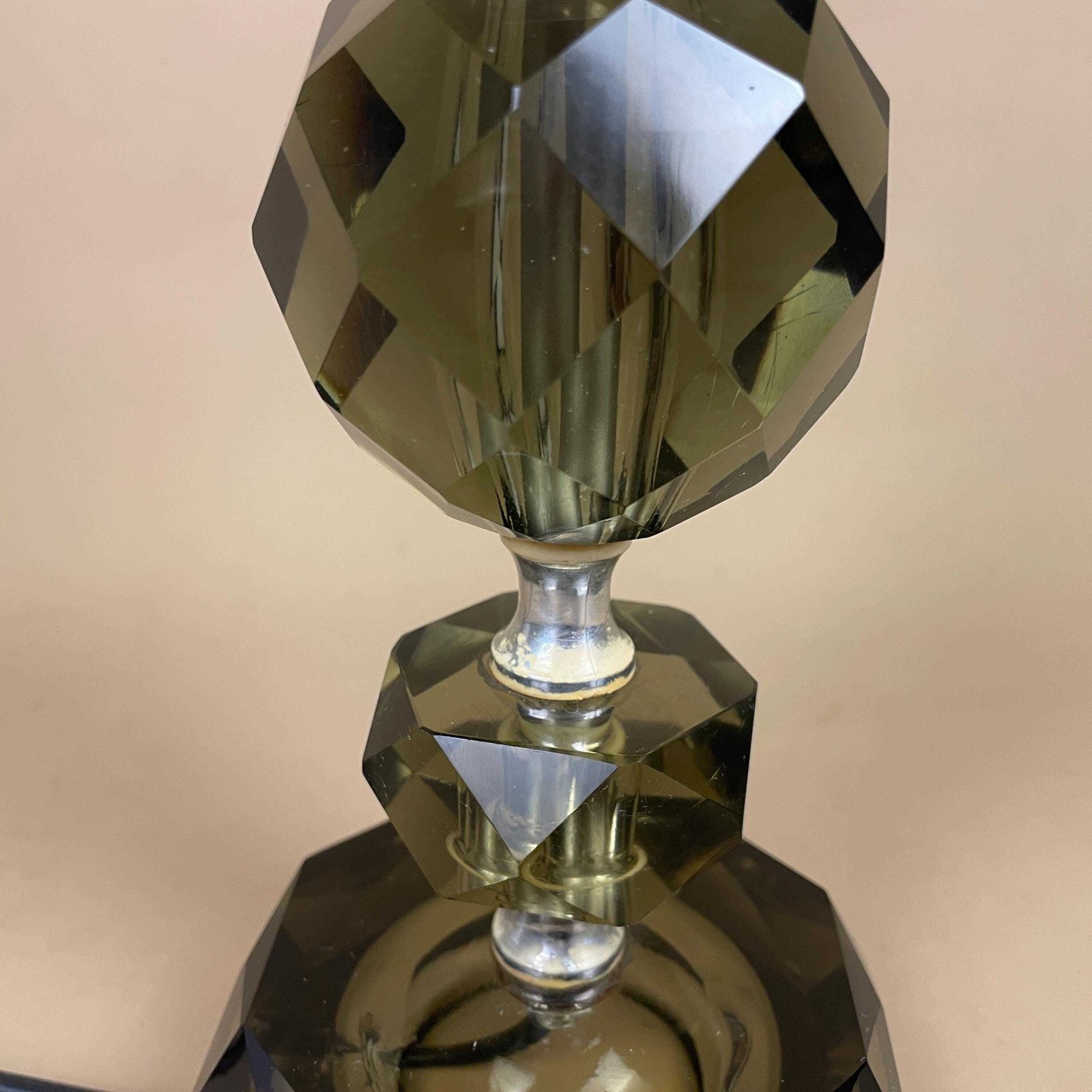 Smoked Black Cut Glass Lamp Light Bedside Table Art Deco Vintage Elegant Regency Classic Hollywood Faceted Crystal Heavy photo vinterior
