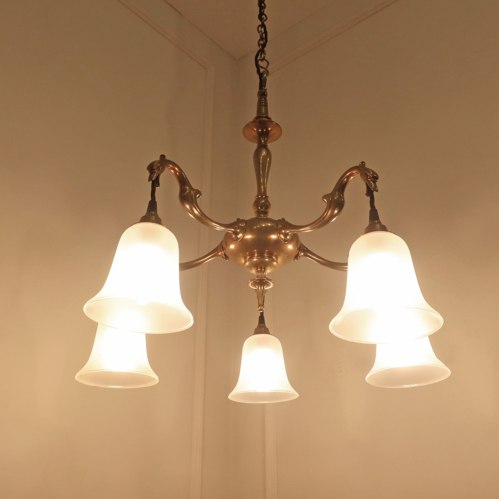 Art Nouveau Cast Bronze Chandelier With Frosted Glass Shades photo vintage