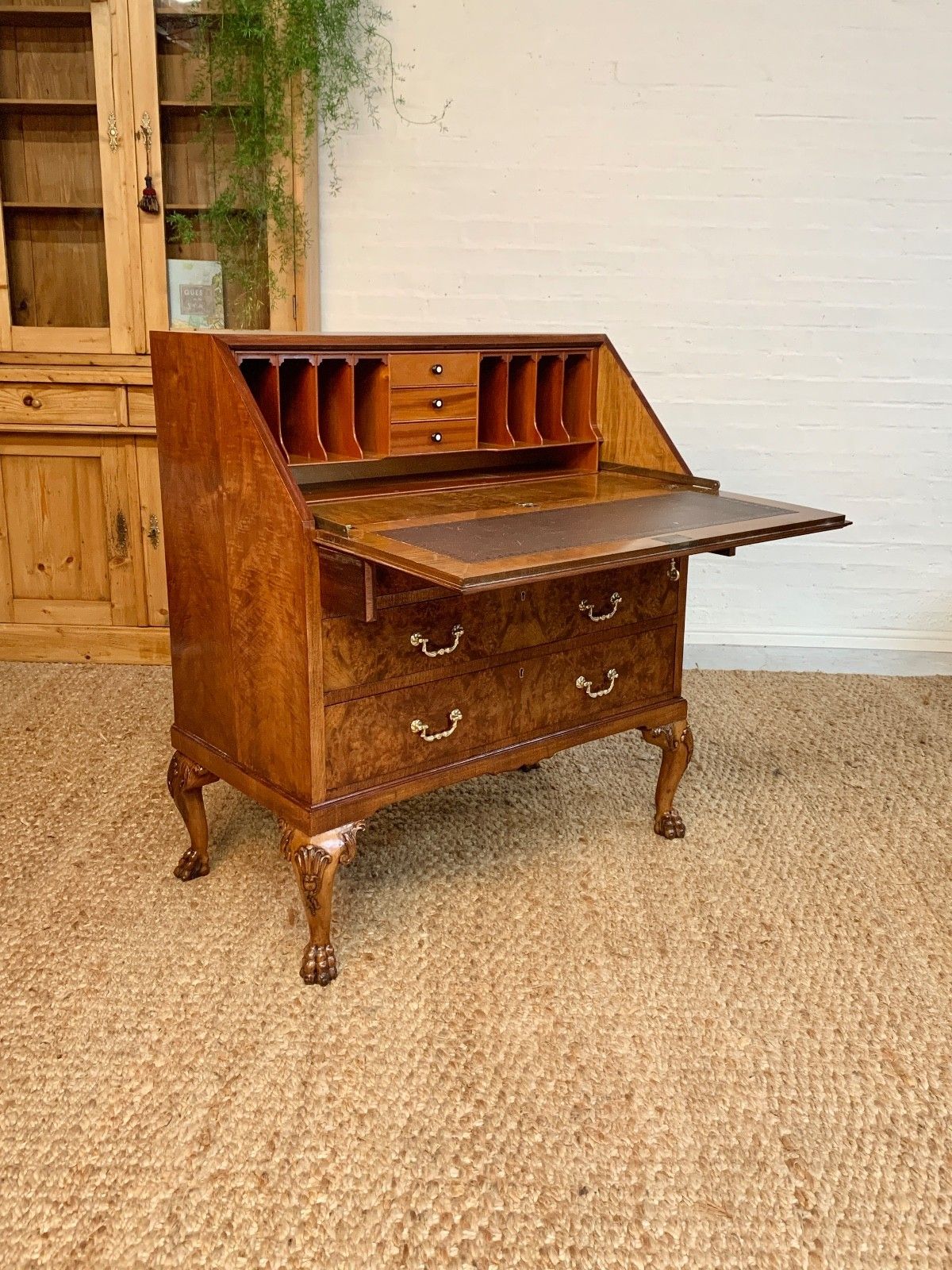 Mid Century Burr Walnut Bureau Desk By Leemings Furnishers Ltd, Halifax photo for sale