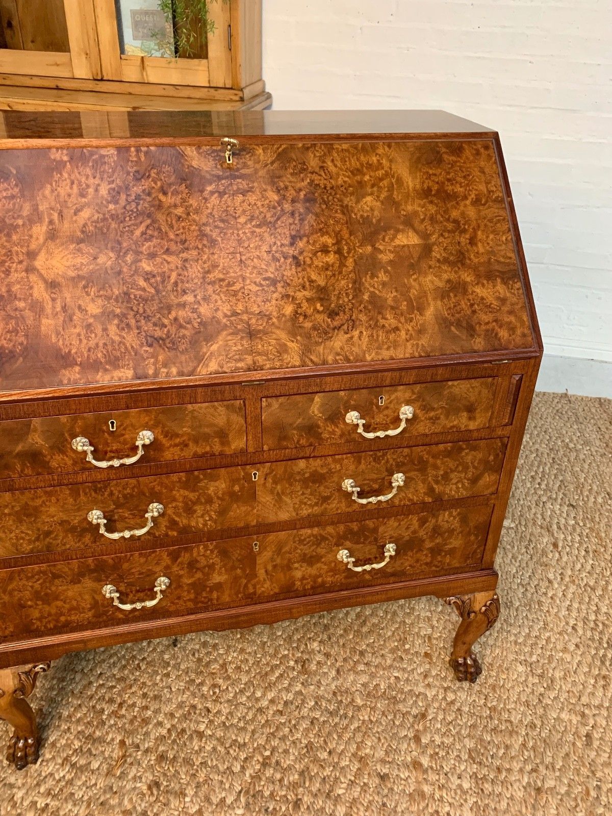 photo for sale Mid Century Burr Walnut Bureau Desk By Leemings Furnishers Ltd, Halifax