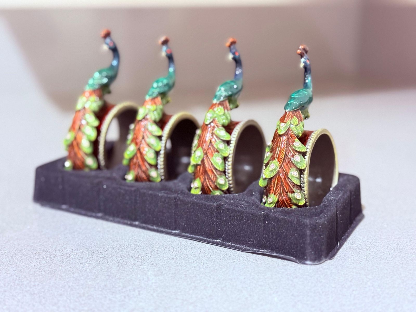 Antique Peacock Napkin Rings & Jewl Set Of 4, Exotic Luxury Dining Accents photo for sale