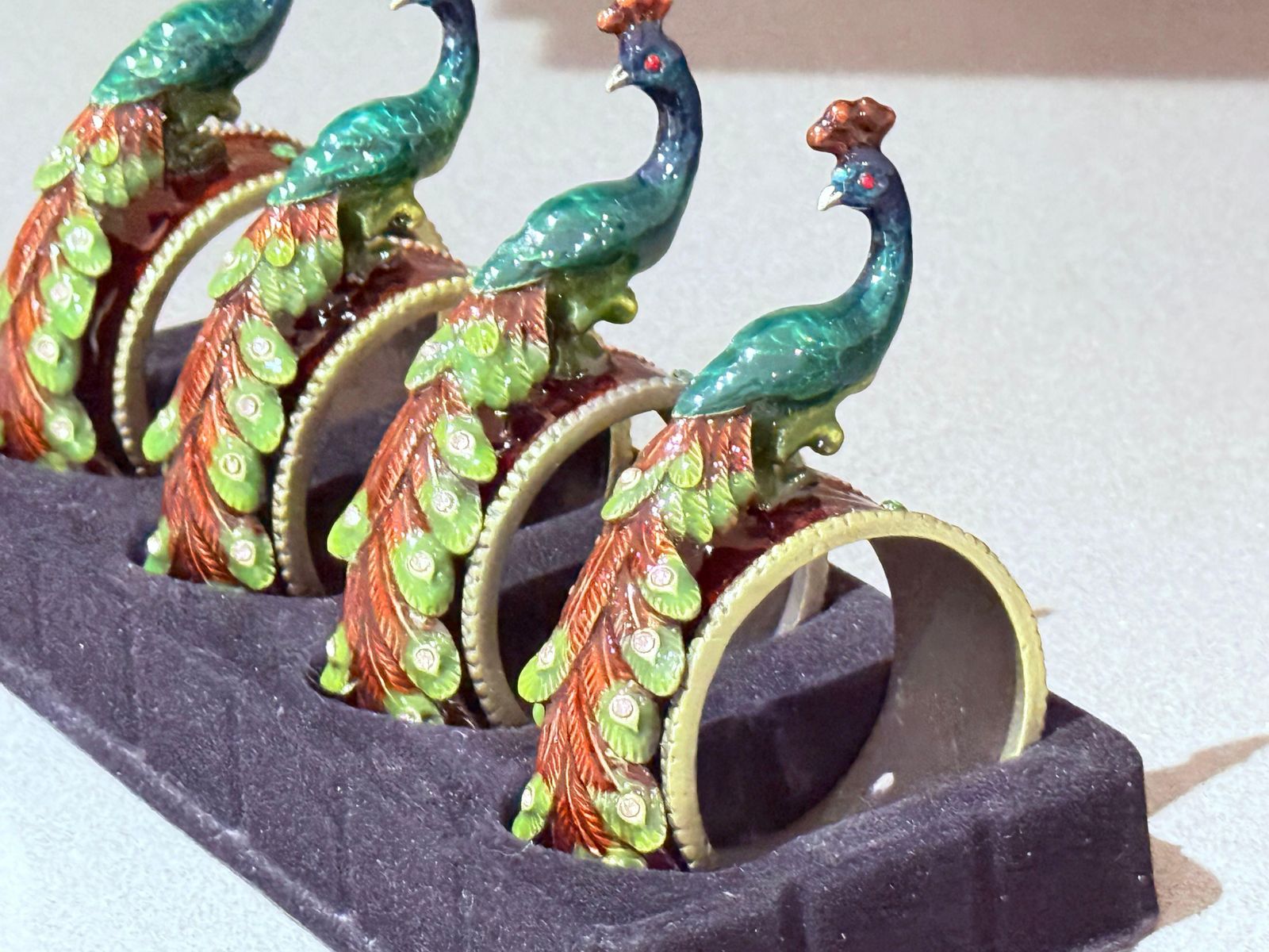 Antique Peacock Napkin Rings & Jewl Set Of 4, Exotic Luxury Dining Accents photo 429.0