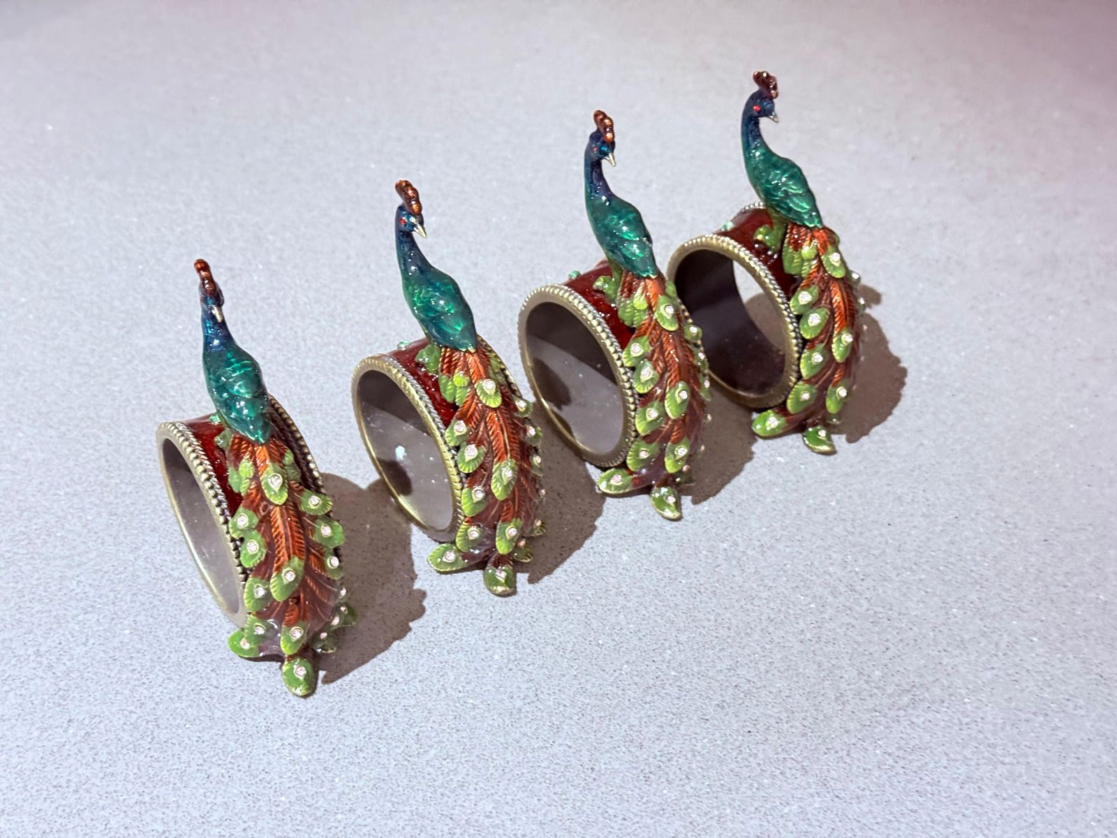 photo furniture Antique Peacock Napkin Rings & Jewl Set Of 4, Exotic Luxury Dining Accents